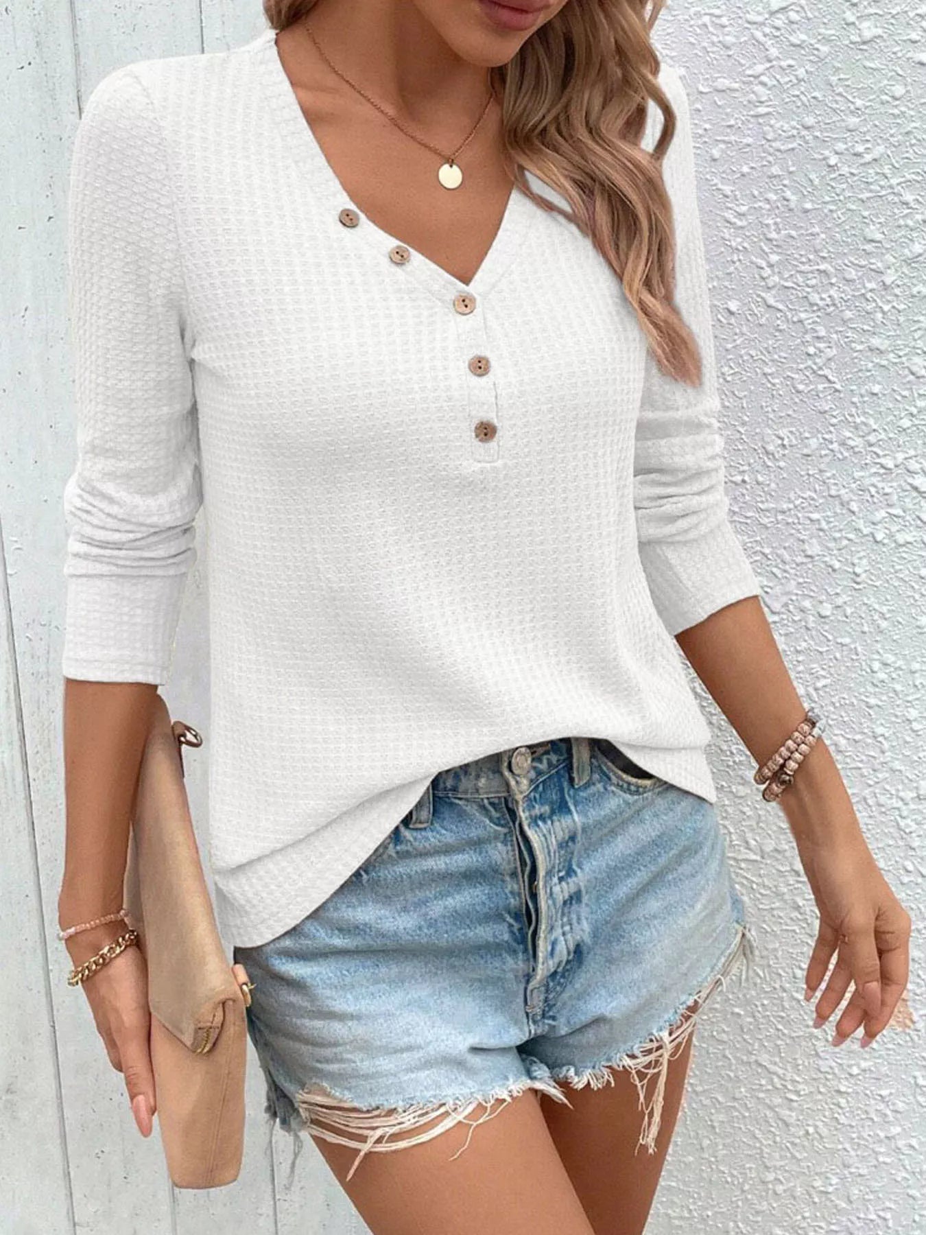 Waffle Knit Button-Detail V-Neck T-Shirt
