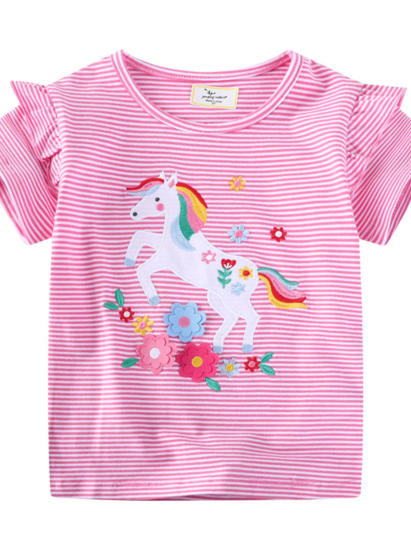C=Children's Unicorn Ruffle Sleeve Striped T-Shirt