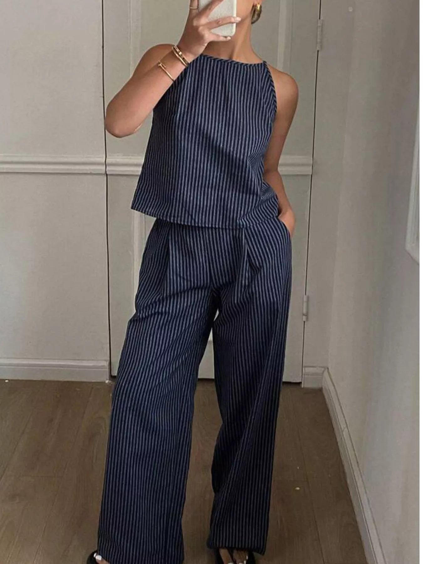 Striped Sleeveless Top and Wide-Leg Pants Set