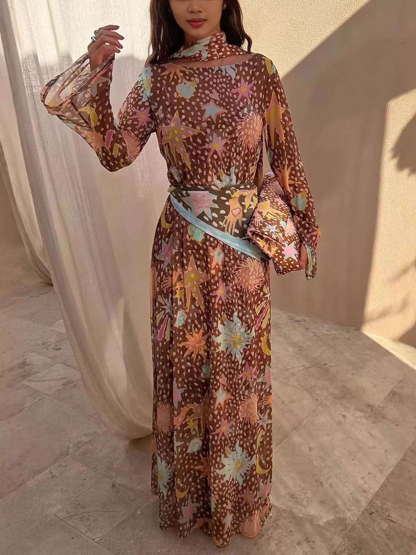 Printed Cami Dress & Long Sleeve Dress & Ribbon Set