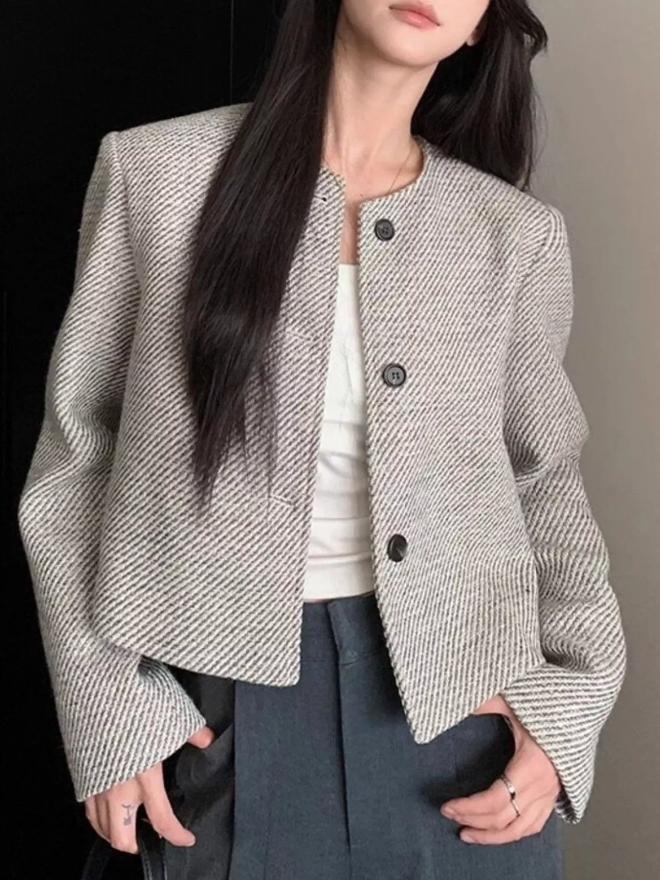 Button Up Tweed Cropped Jacket