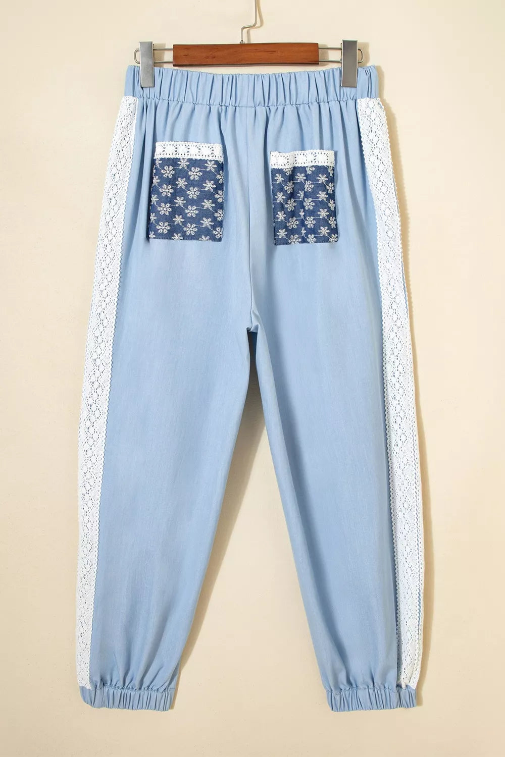 Lace Accent Floral Patched Pocket Pleated Wide Leg Slouchy Pants