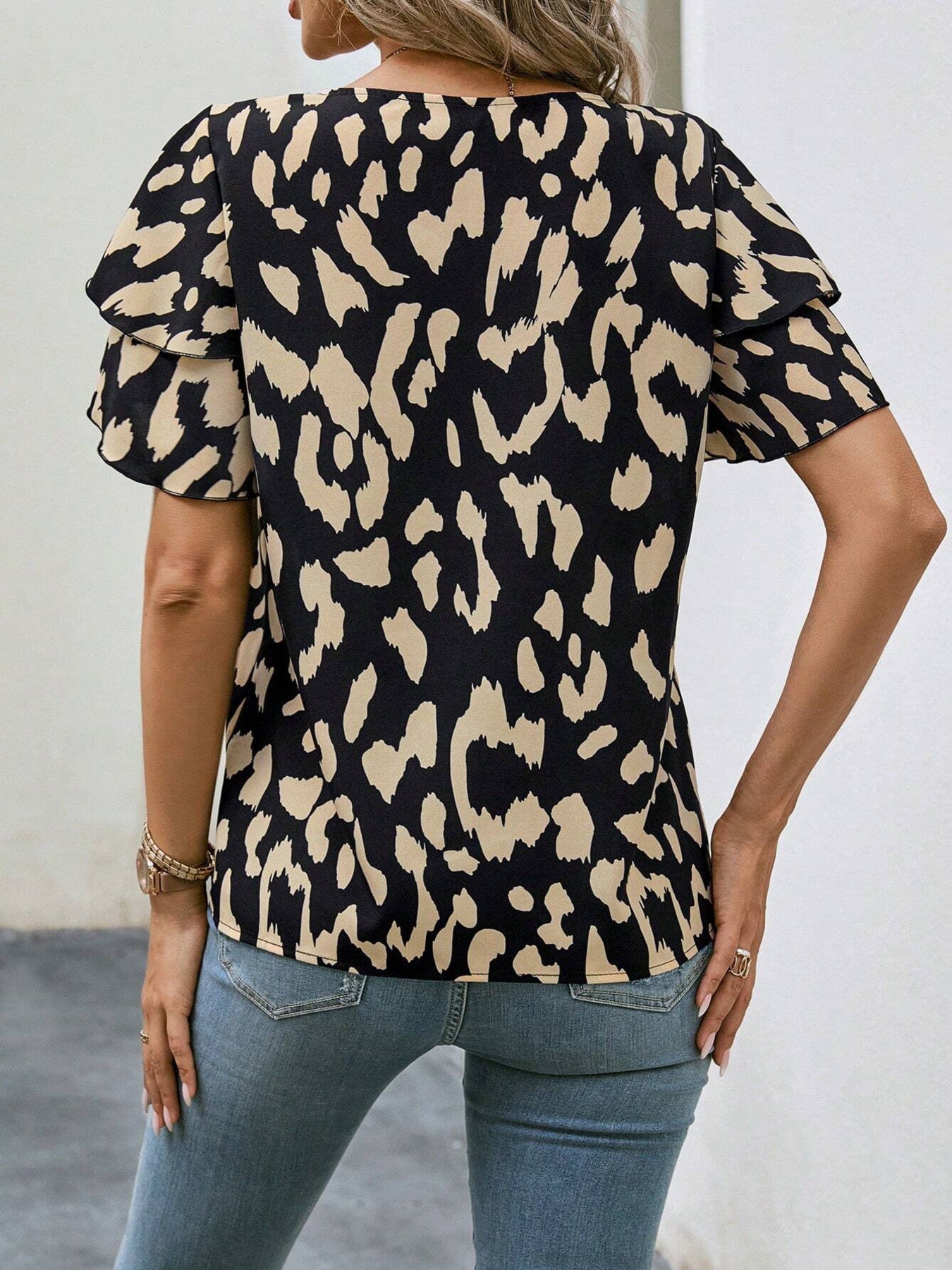 Animal Print Ruffle Sleeve Blouse