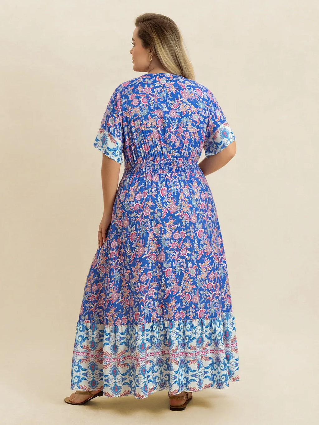 Plus Size Smocked Printed Half Sleeve Midi Dress