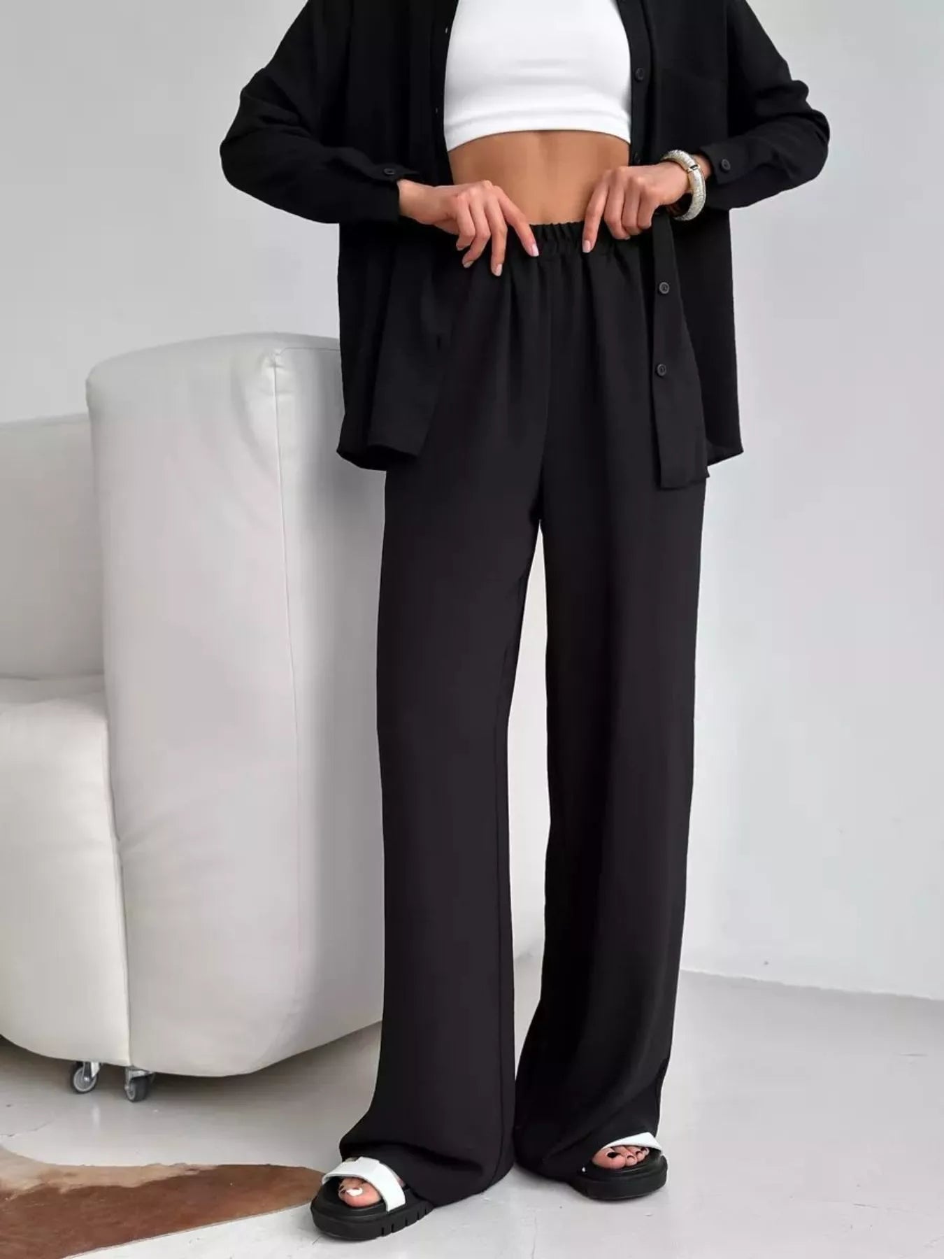 Relaxed Fit Shirt and Wide Leg Pants Set