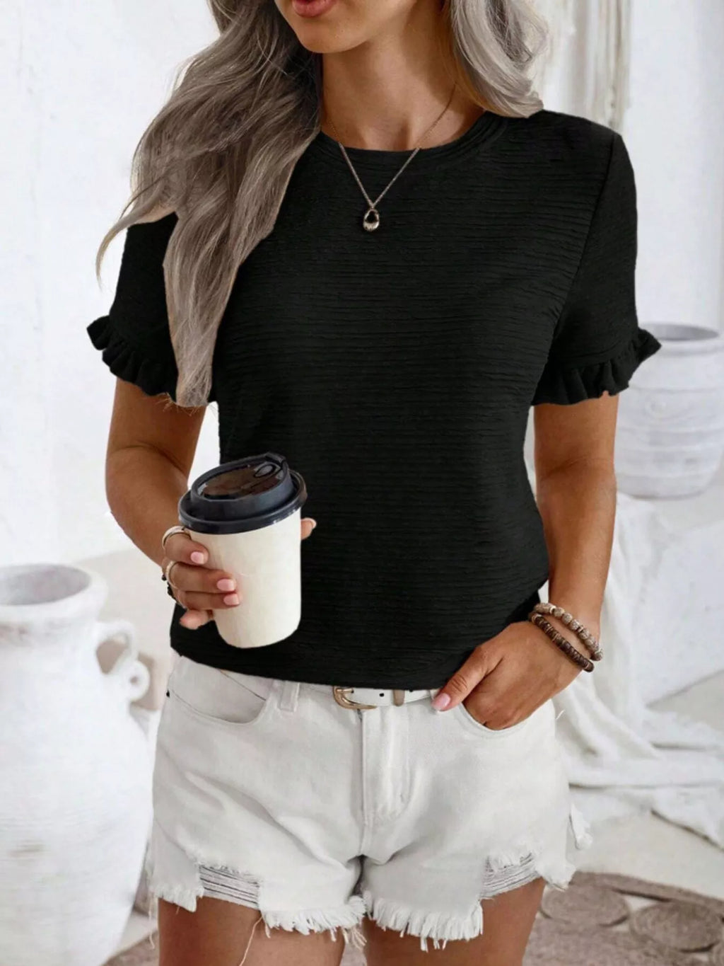Textured Ruffle Sleeve Round Neck T-Shirt