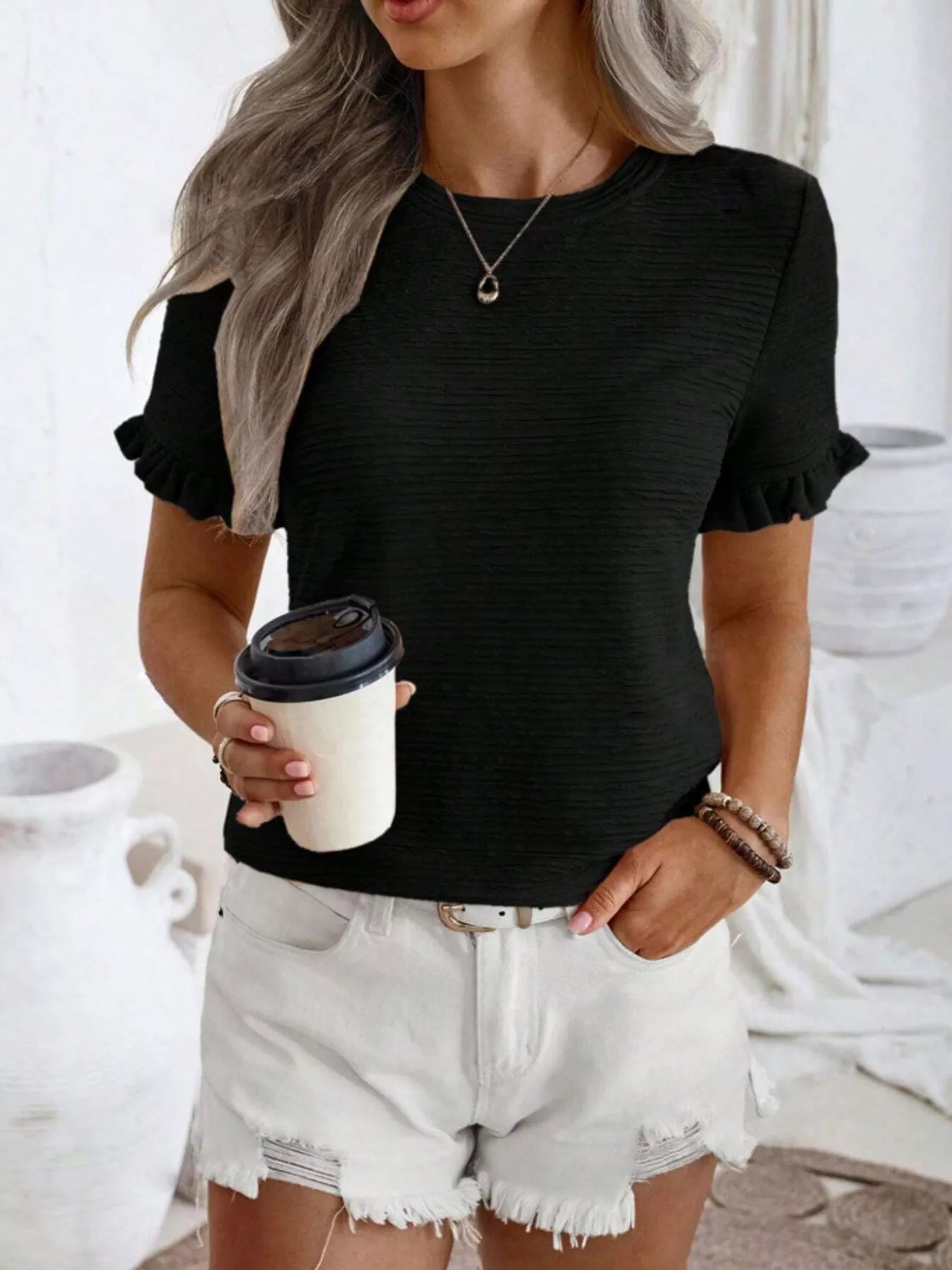 Textured Ruffle Sleeve Round Neck T-Shirt