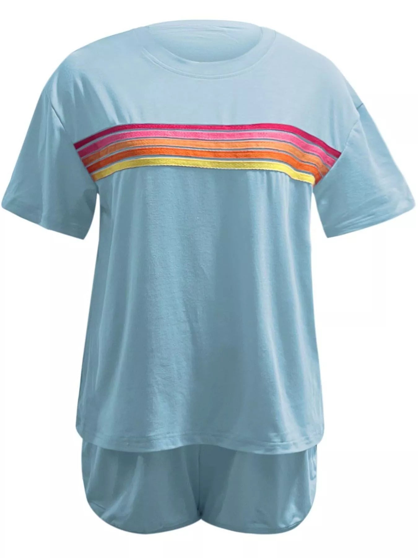 Rainbow Striped Round Neck Top and Shorts Set