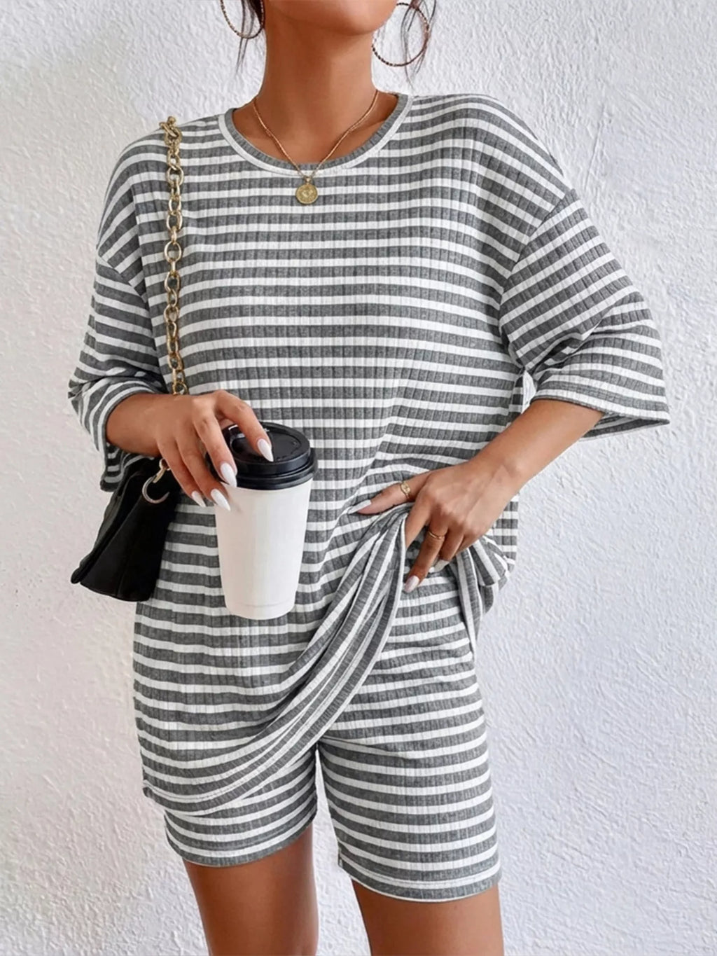 Striped Round Neck Top and Shorts Set
