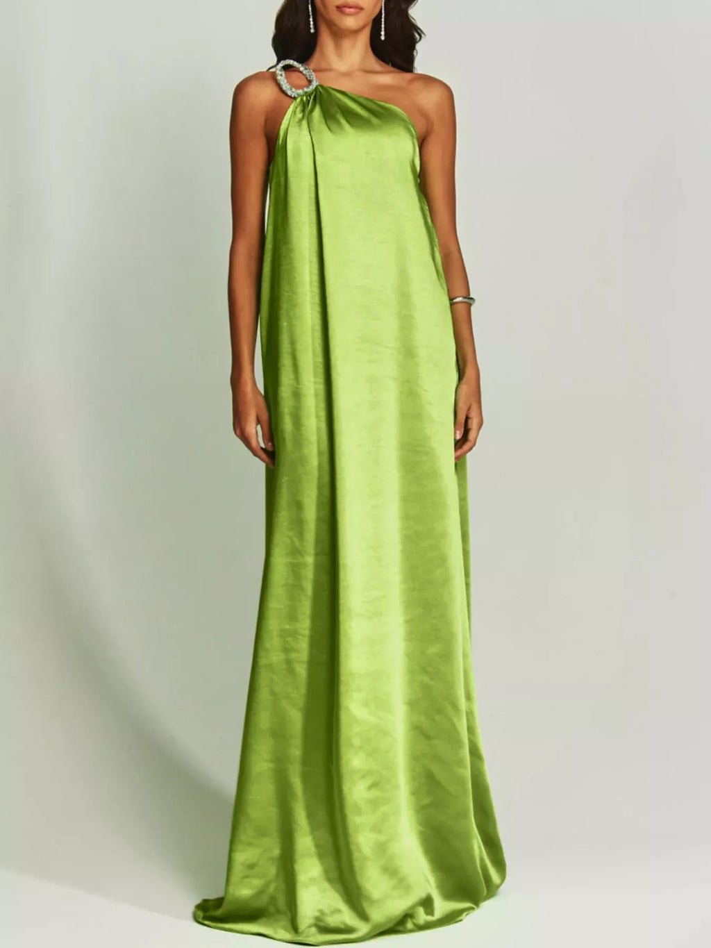 One-Shoulder Rhinestone Satin Maxi Dress