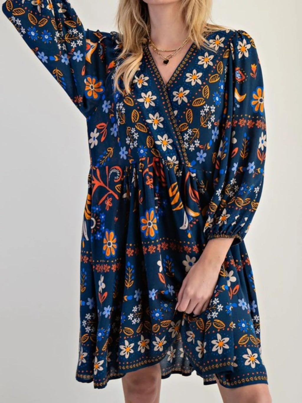 Bohemian Floral Print Long Sleeve Mini Dress