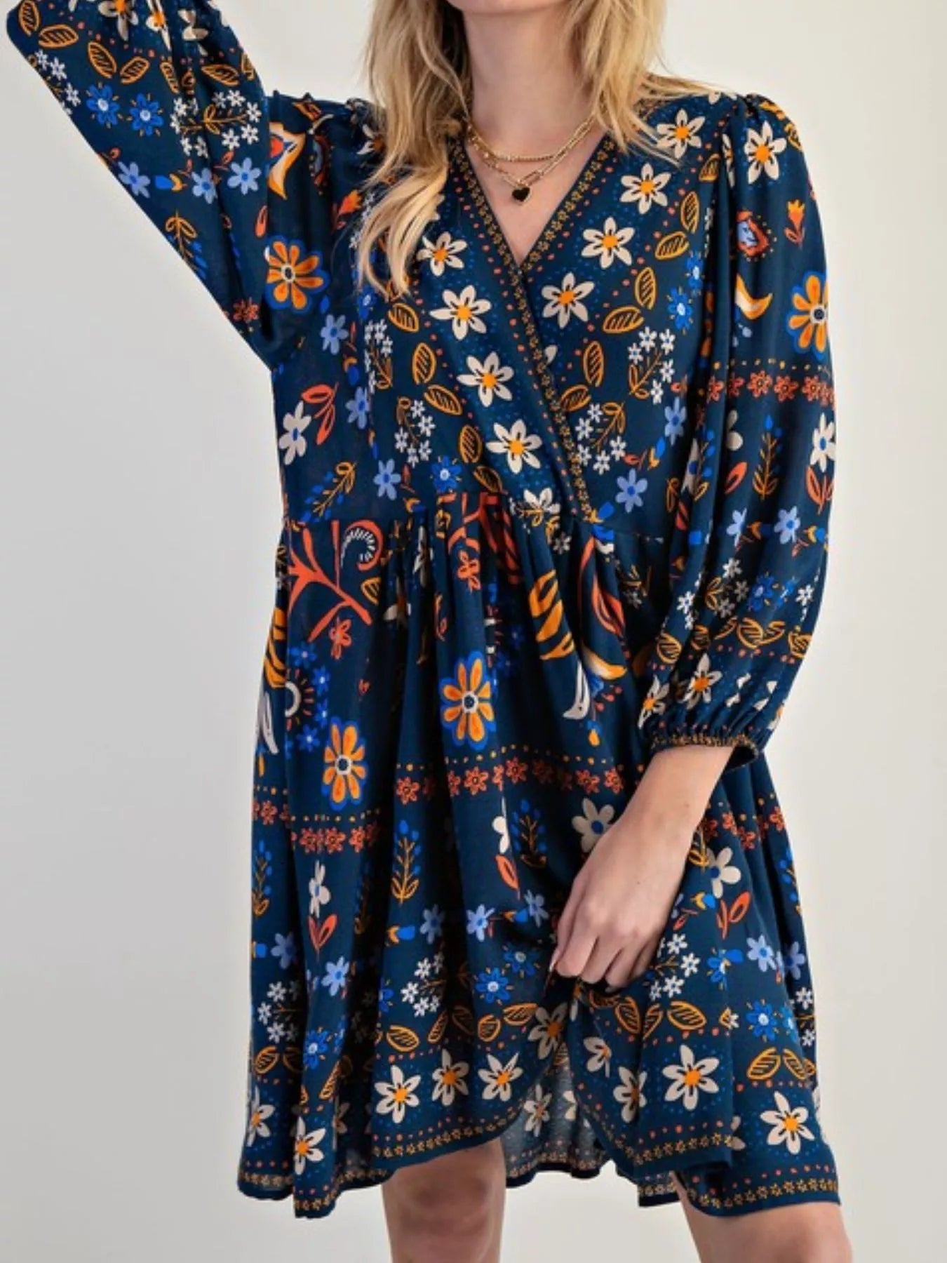 Bohemian Floral Print Long Sleeve Mini Dress