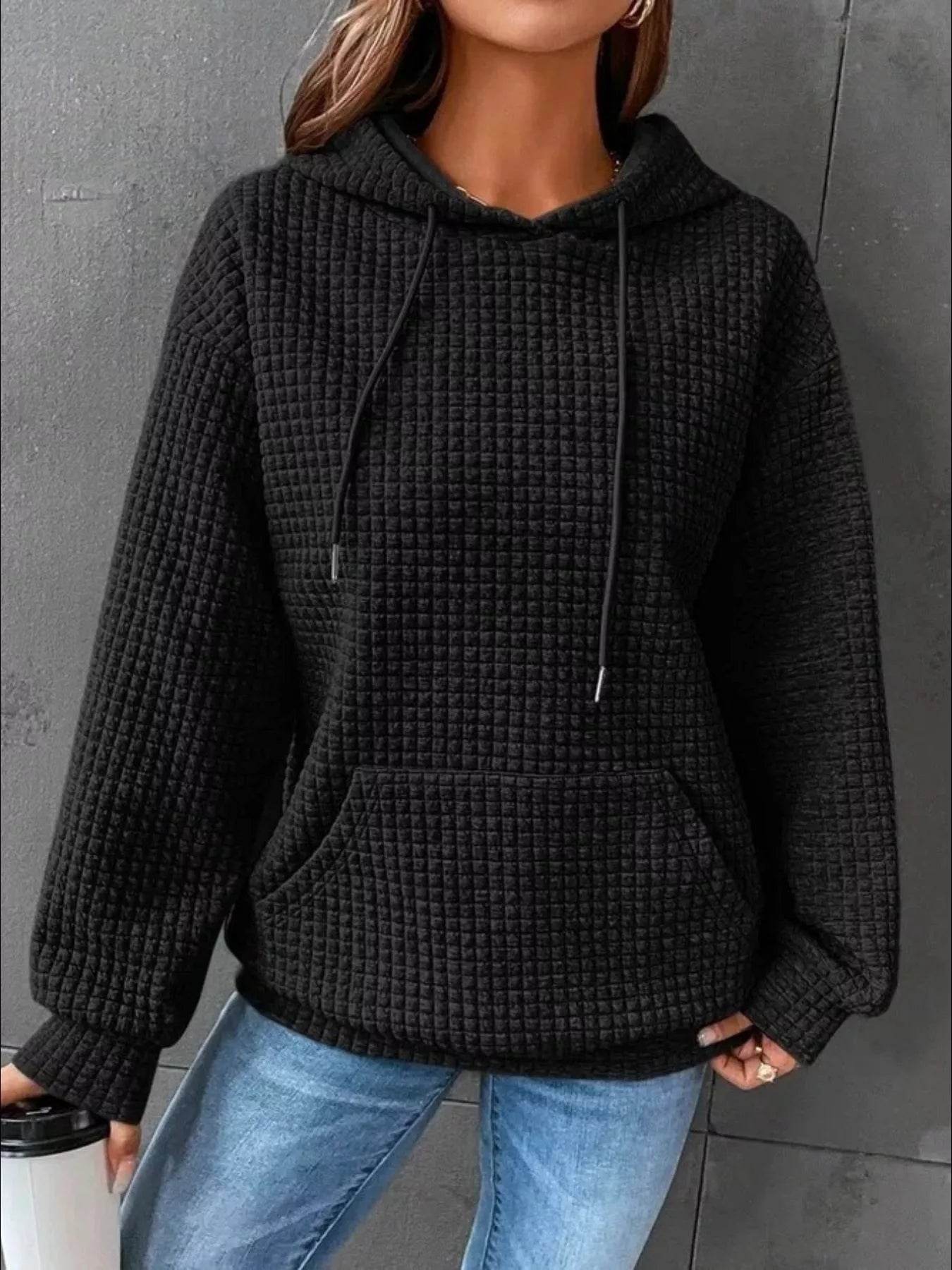 Waffle Knit Hoodie with Drawstring Details
