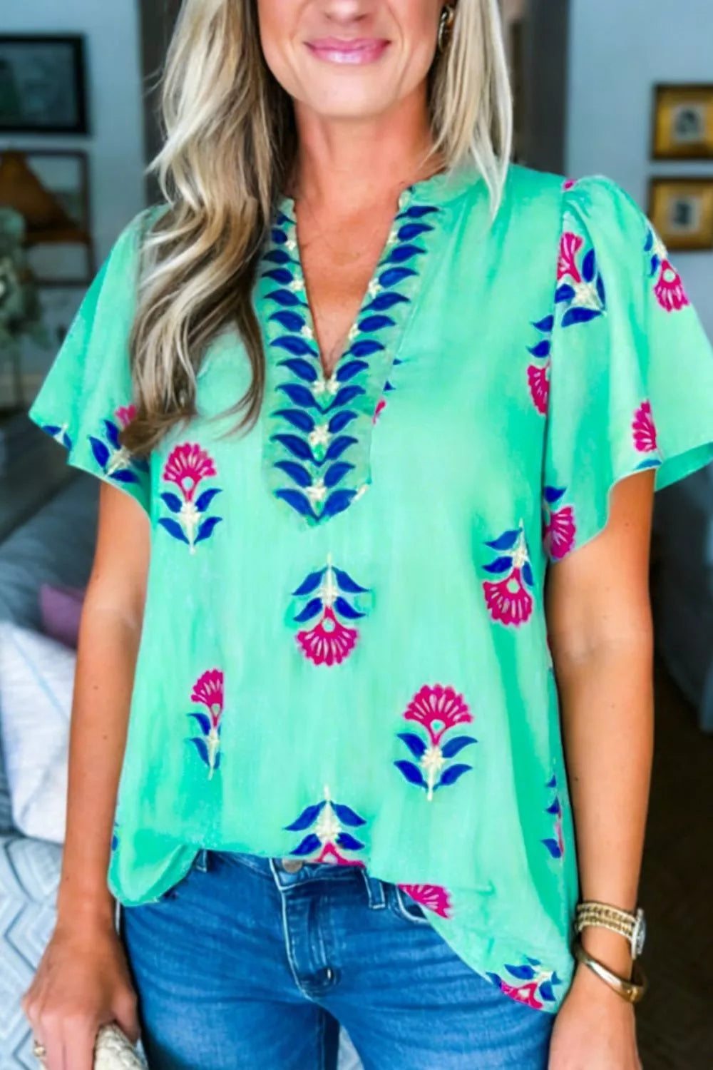 Floral V Neck Flutter Sleeve Blouse