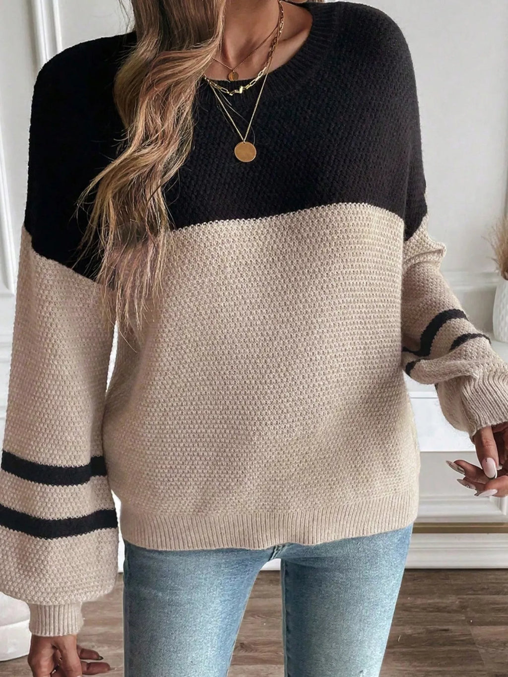 Color Block Knit Striped Sleeve Detail Casual Sweater