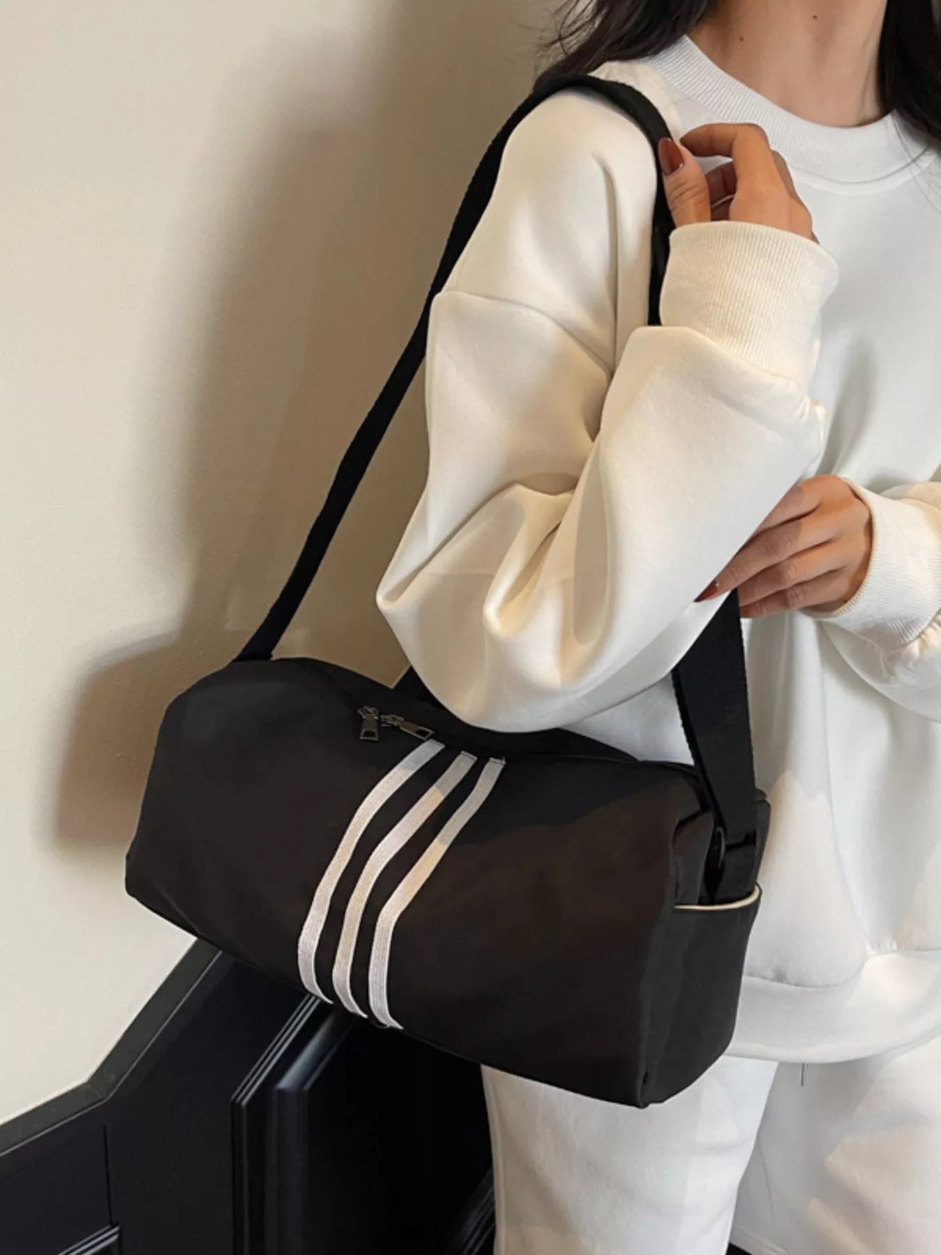 Striped Adjustable Strap Duffel Bag