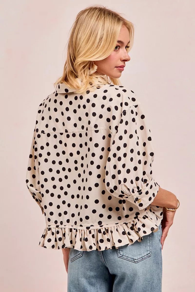 BiBi Polka Dot Printed Peplum Top with Front Button