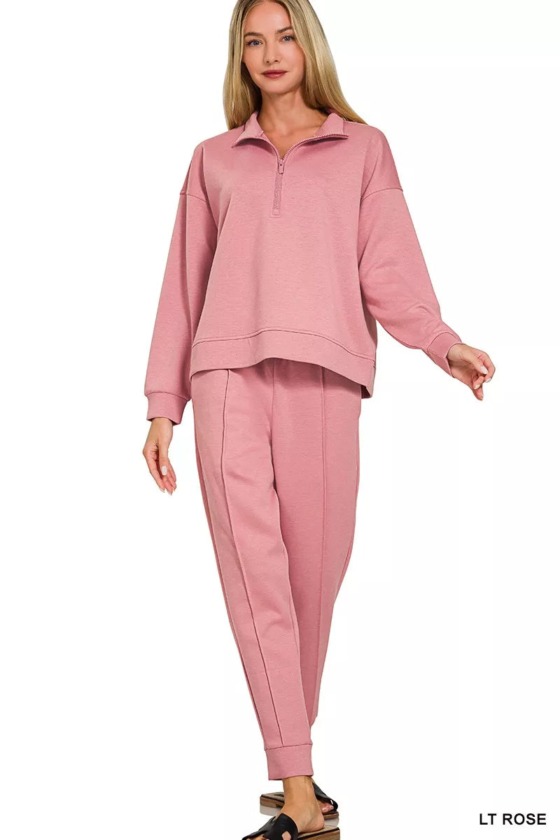 Zenana Scuba Half Zip Pullover and Jogger Set