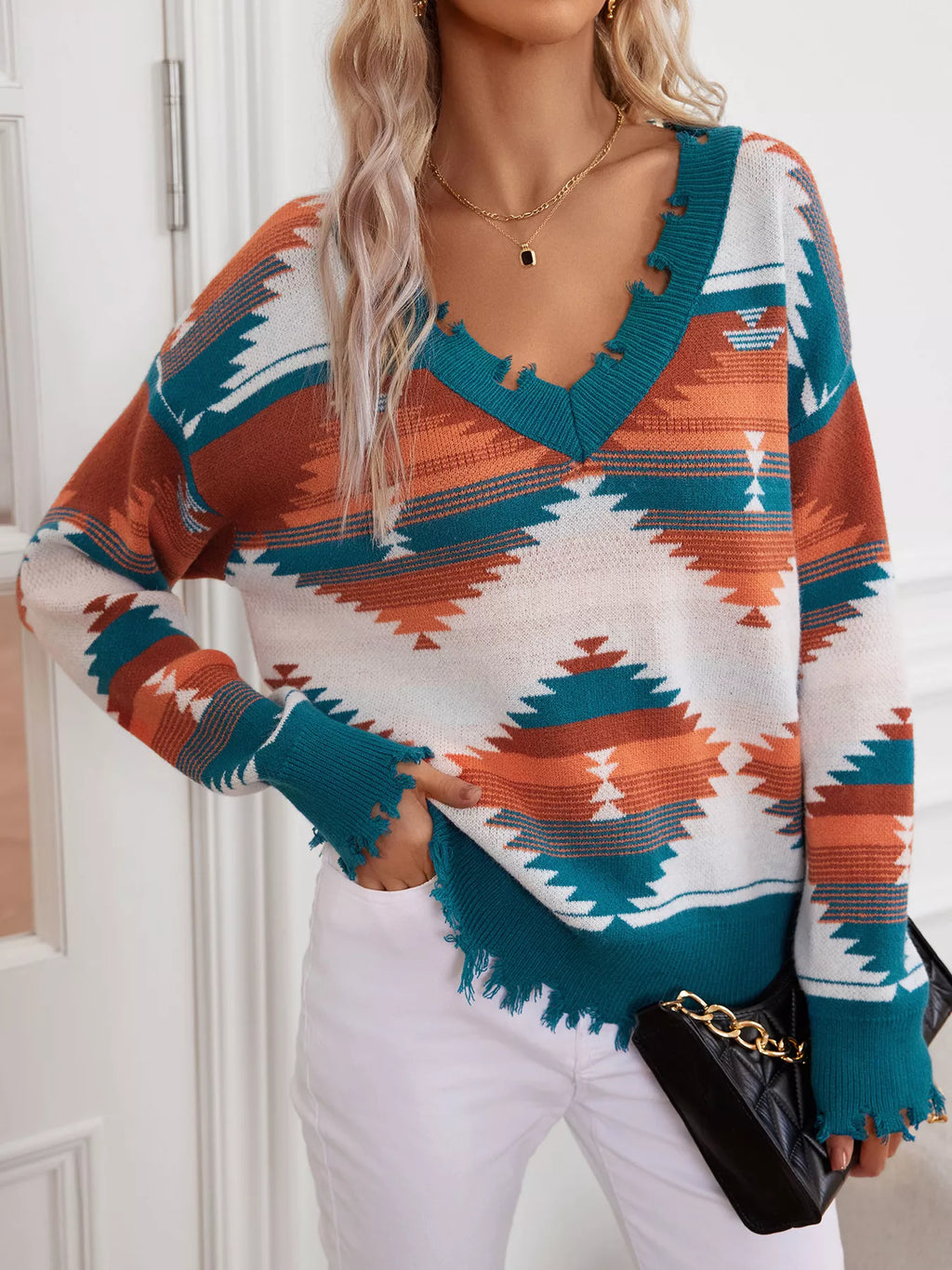 Geometric Frayed Hem V-Neck Long Sleeve Sweater