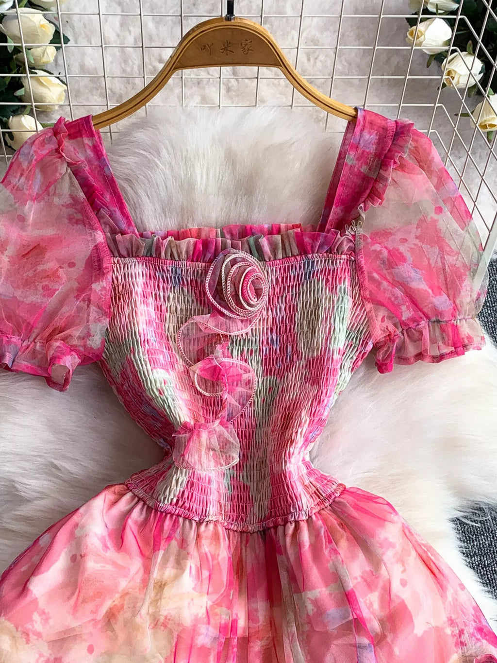 Smocked Floral Tiered Mesh Midi Dress