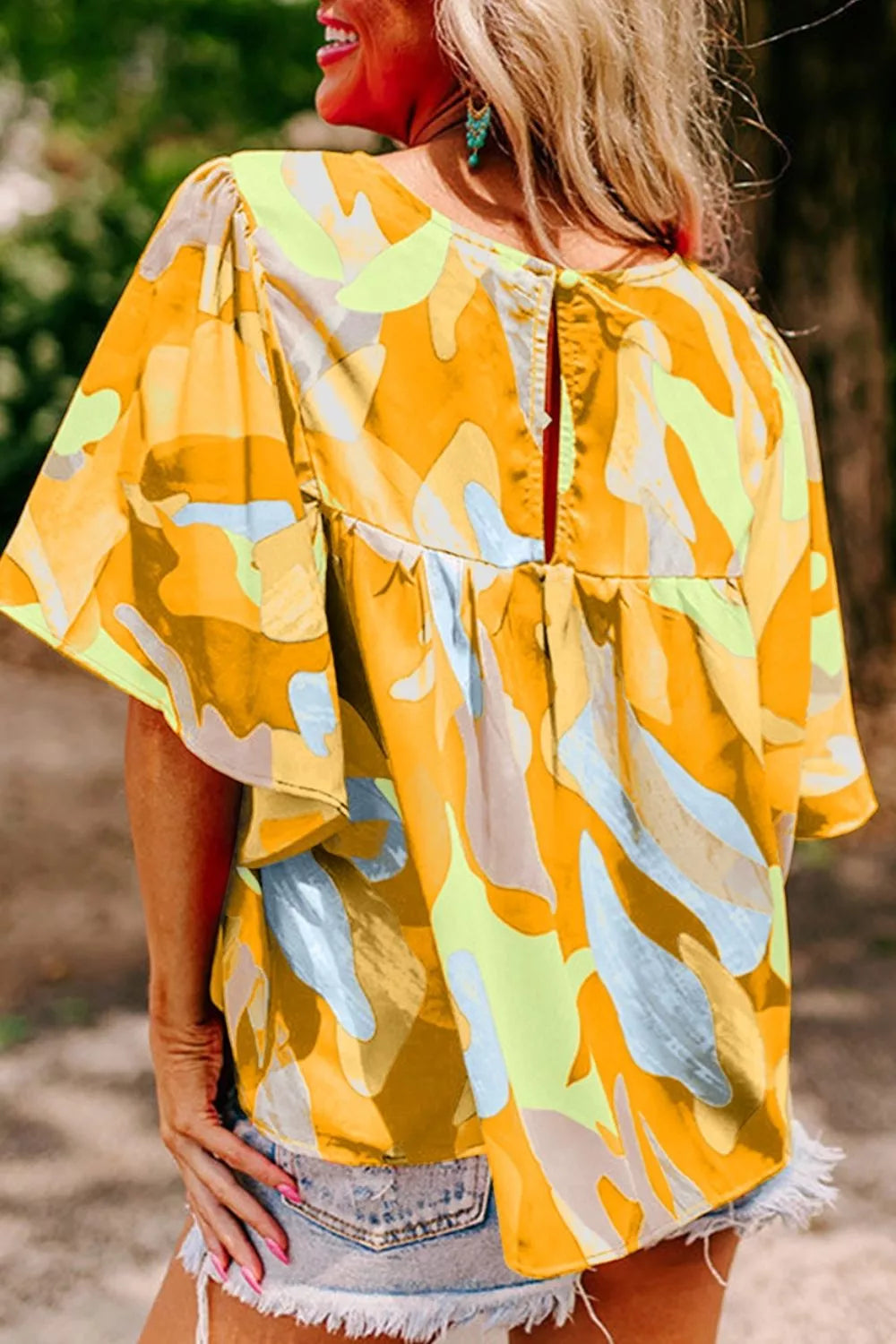 Multicolour Abstract Pattern Wide Sleeve Crew Neck Blouse