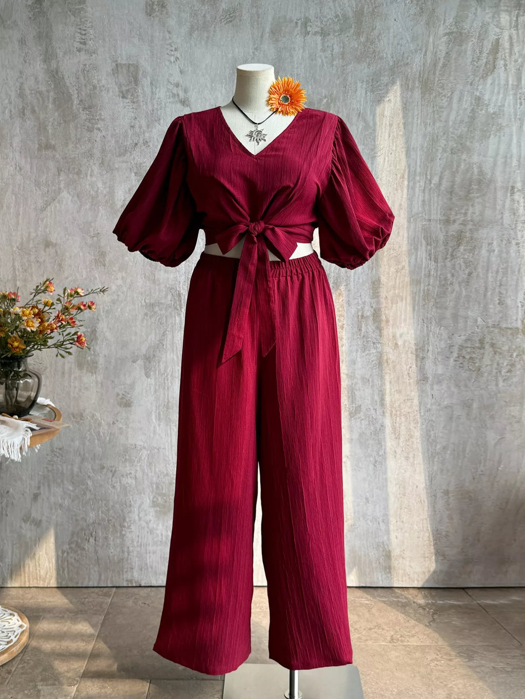 Plus Size Tie-Front Puff Sleeve Top and Wide-Leg Pants Set