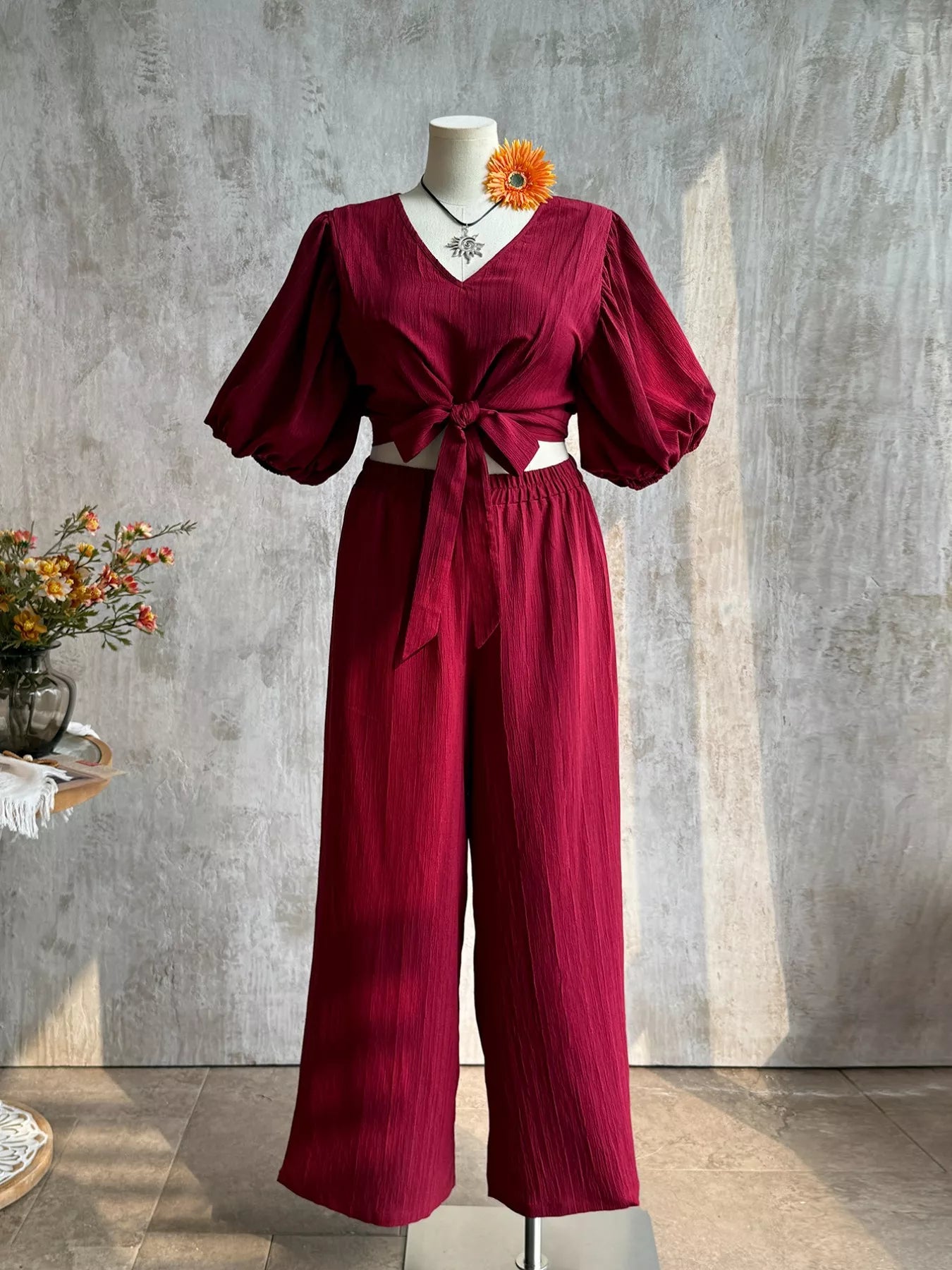 Plus Size Tie-Front Puff Sleeve Top and Wide-Leg Pants Set