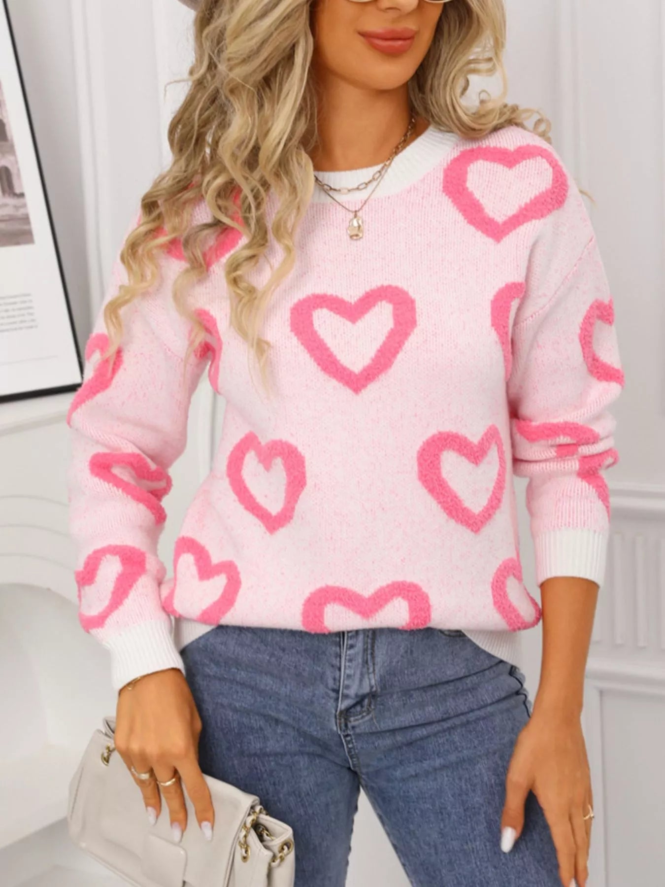 Valentine's Day Heart Pattern Round Neck Sweater