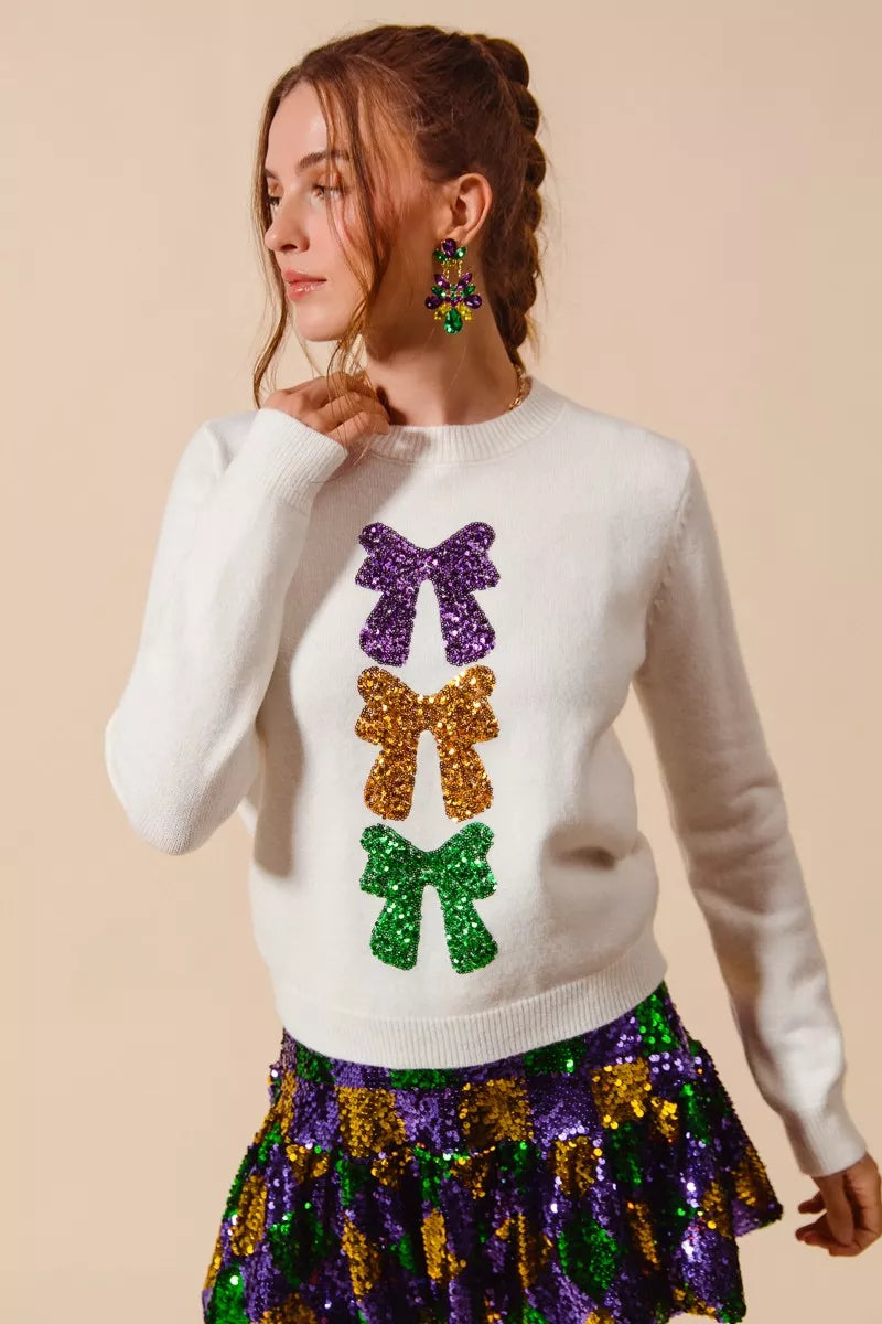 SO ME Mardi Gras Sequins Bow Ribbon Embellished Sweater