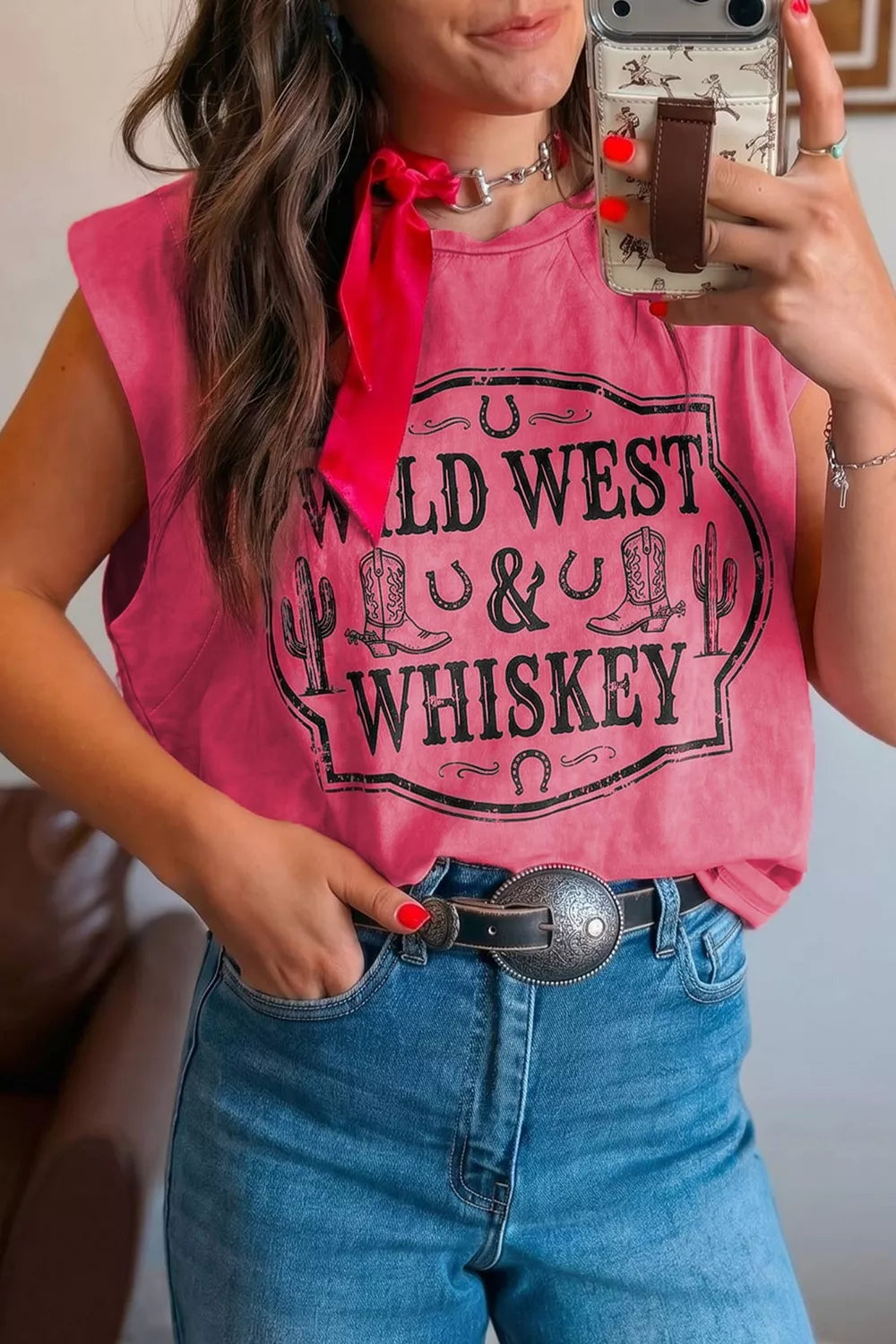 Washed Wild West Whiskey Print Sleeveless Muscle Top