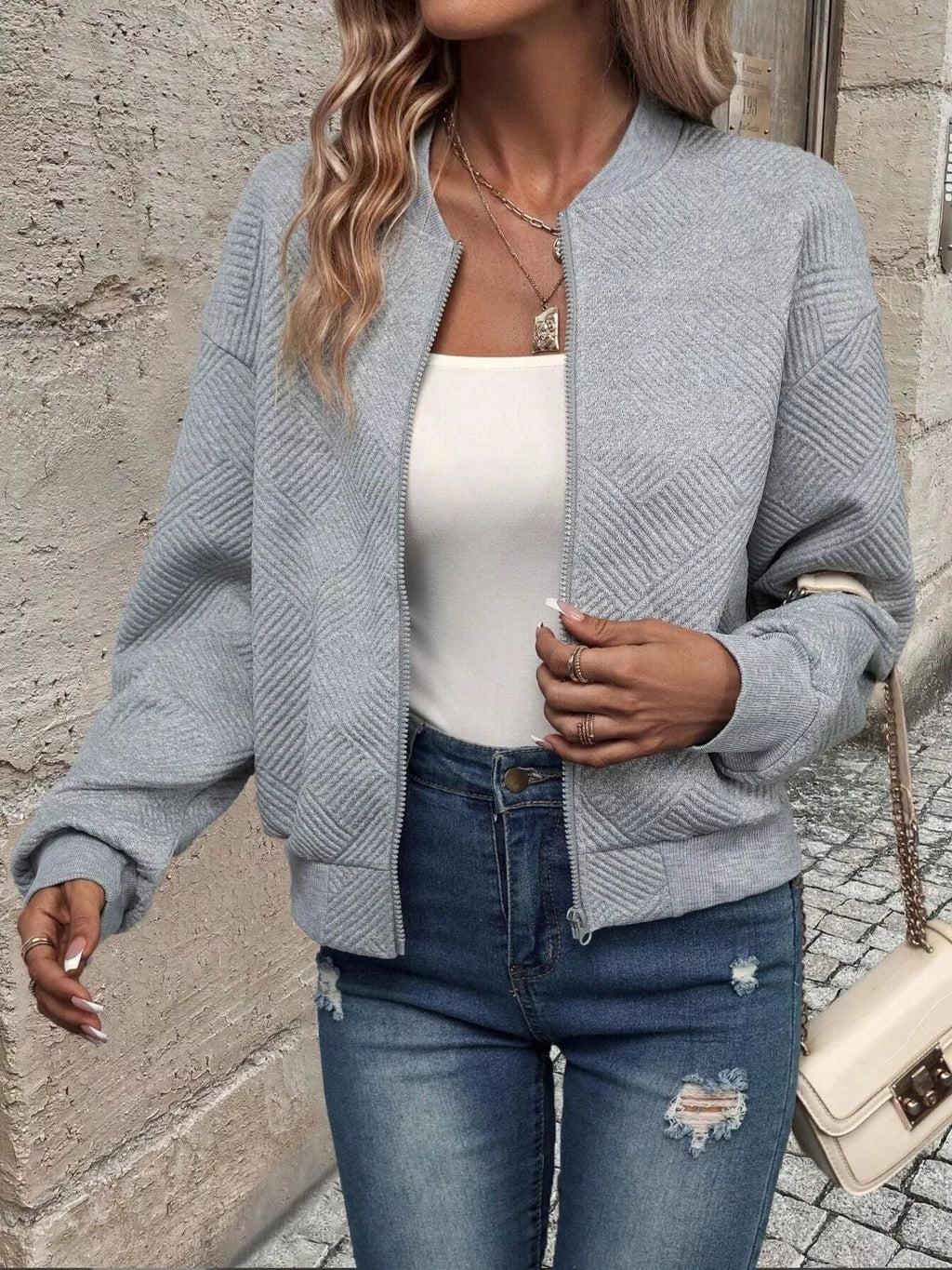 Texture Zip-Up Bomber Jacket