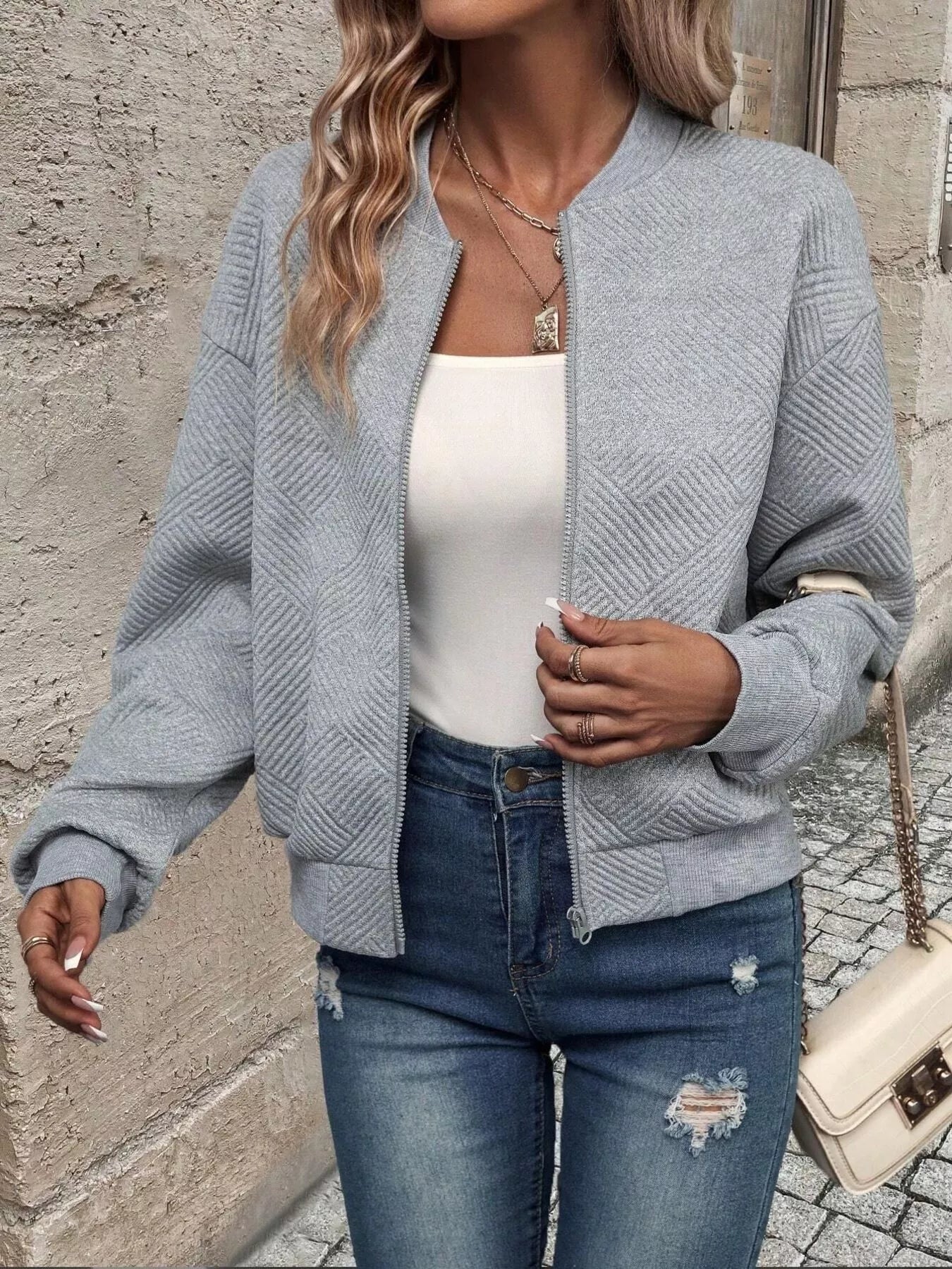 Texture Zip-Up Bomber Jacket