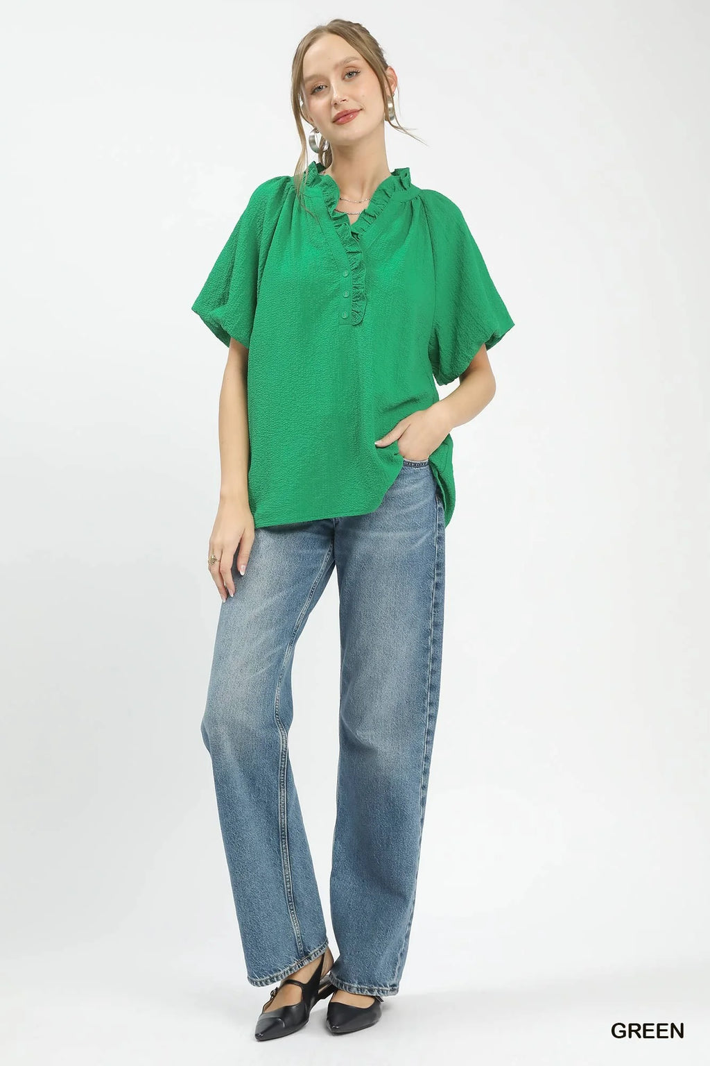 Umgee Puff Sleeve Ruffle Neck Tunic Blouse