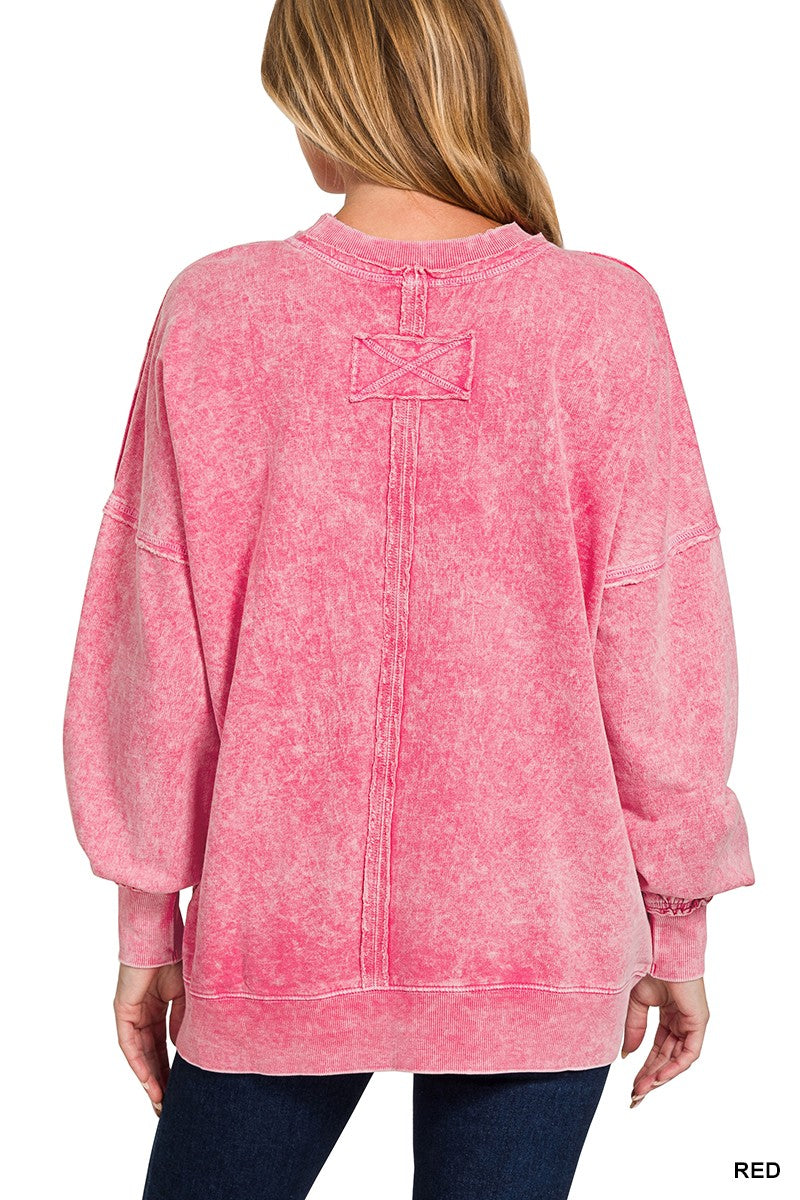 Zenana Halo Washed French Terry Exposed-seam Sweatshirt