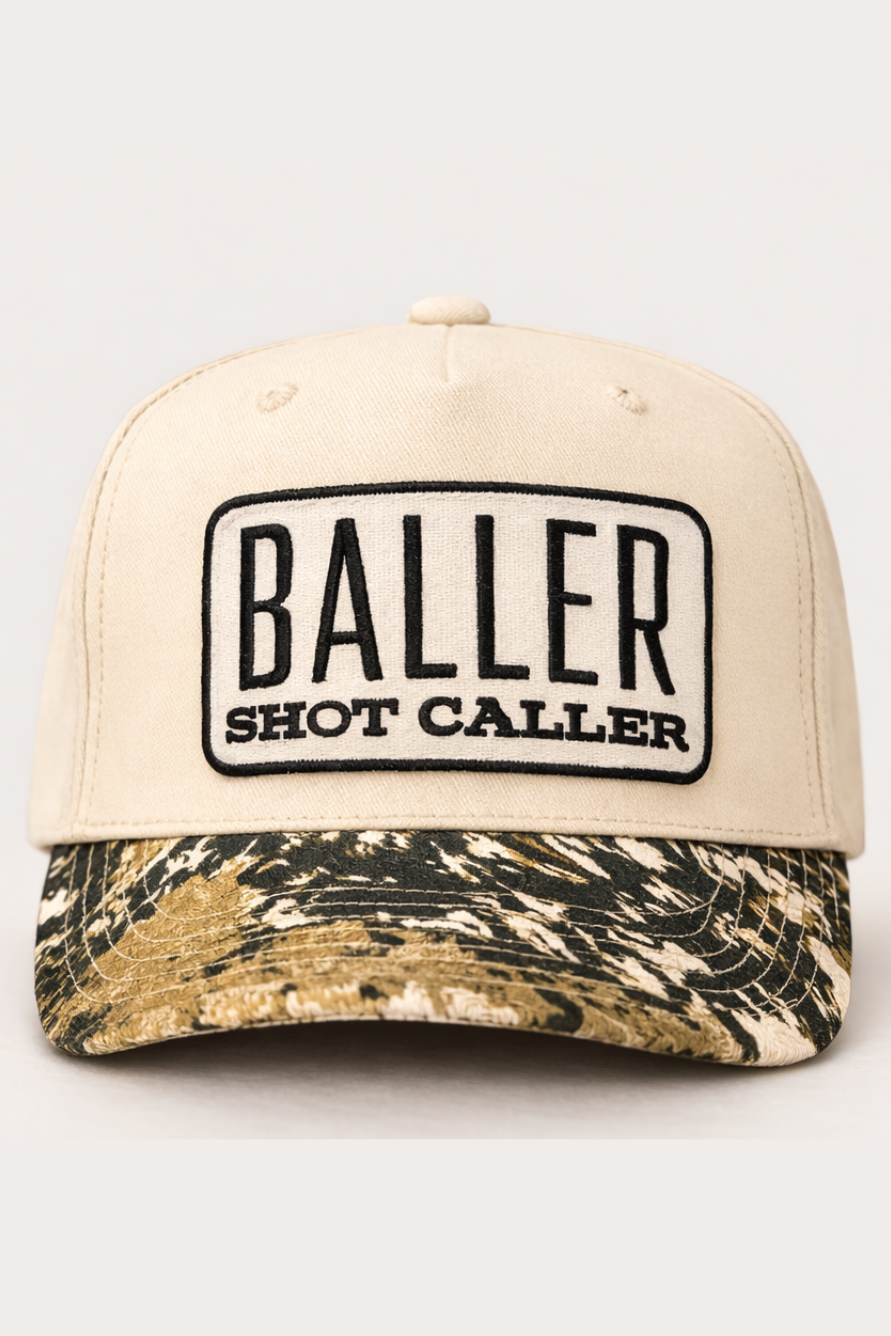 BALLER Shot Caller - Embroidered Patch on Structured Camo Hat