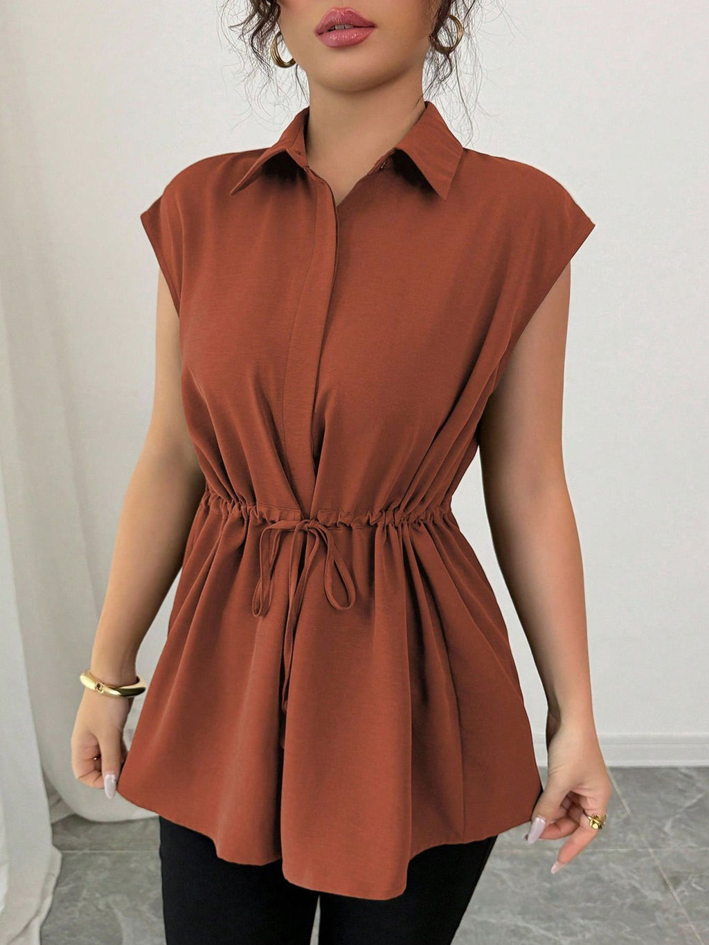 Drawstring Waist Cap Sleeve Shirt