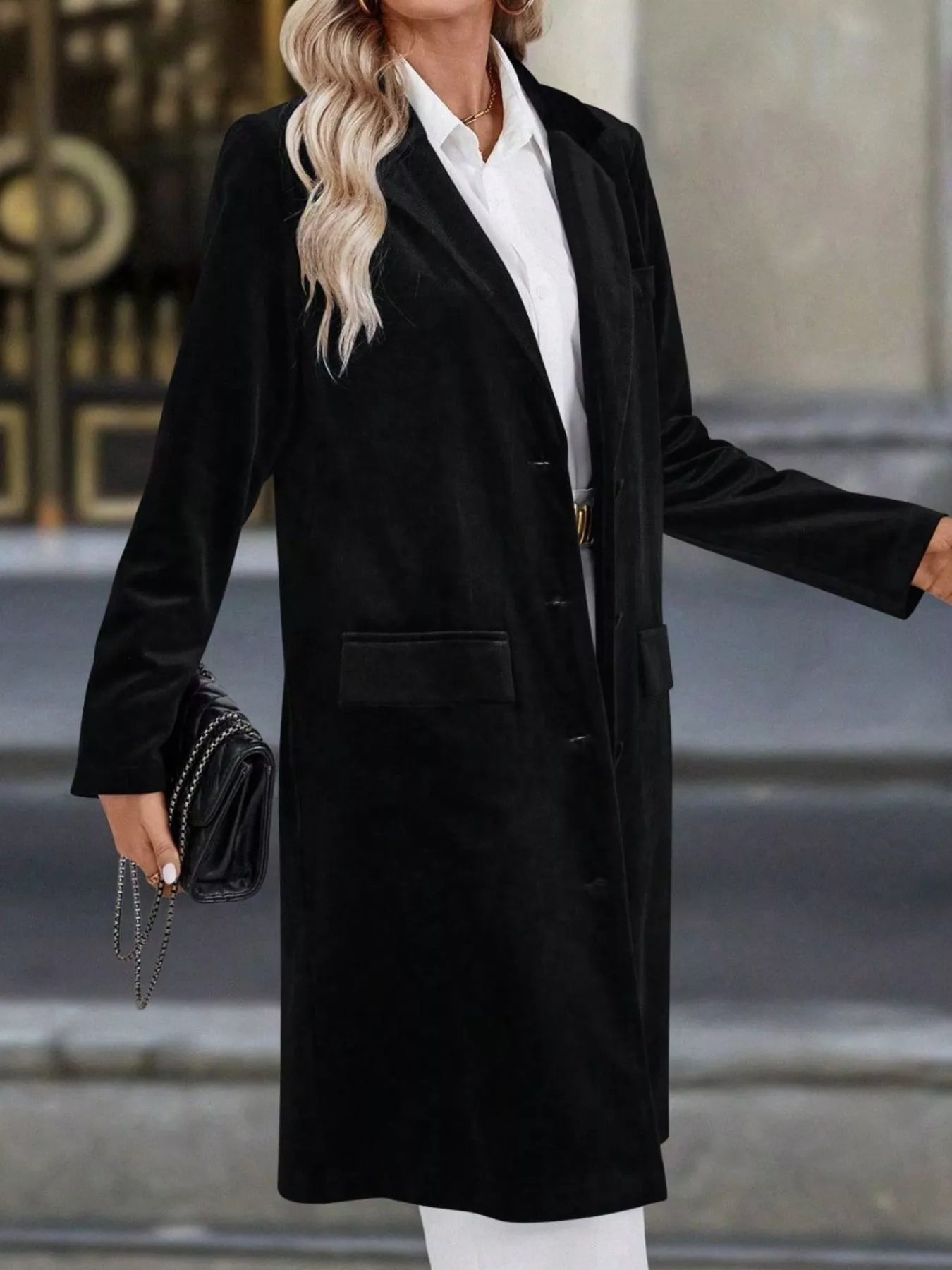 Lapel Collar Long Sleeve Longline Coat