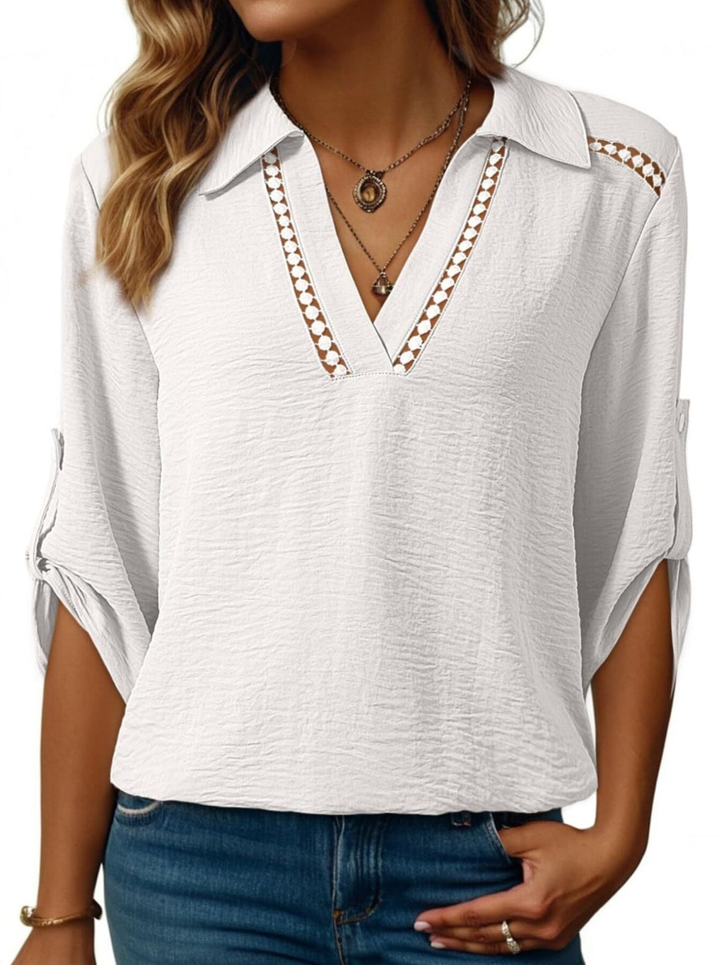 Johnny Collar Roll-Up Sleeve Blouse