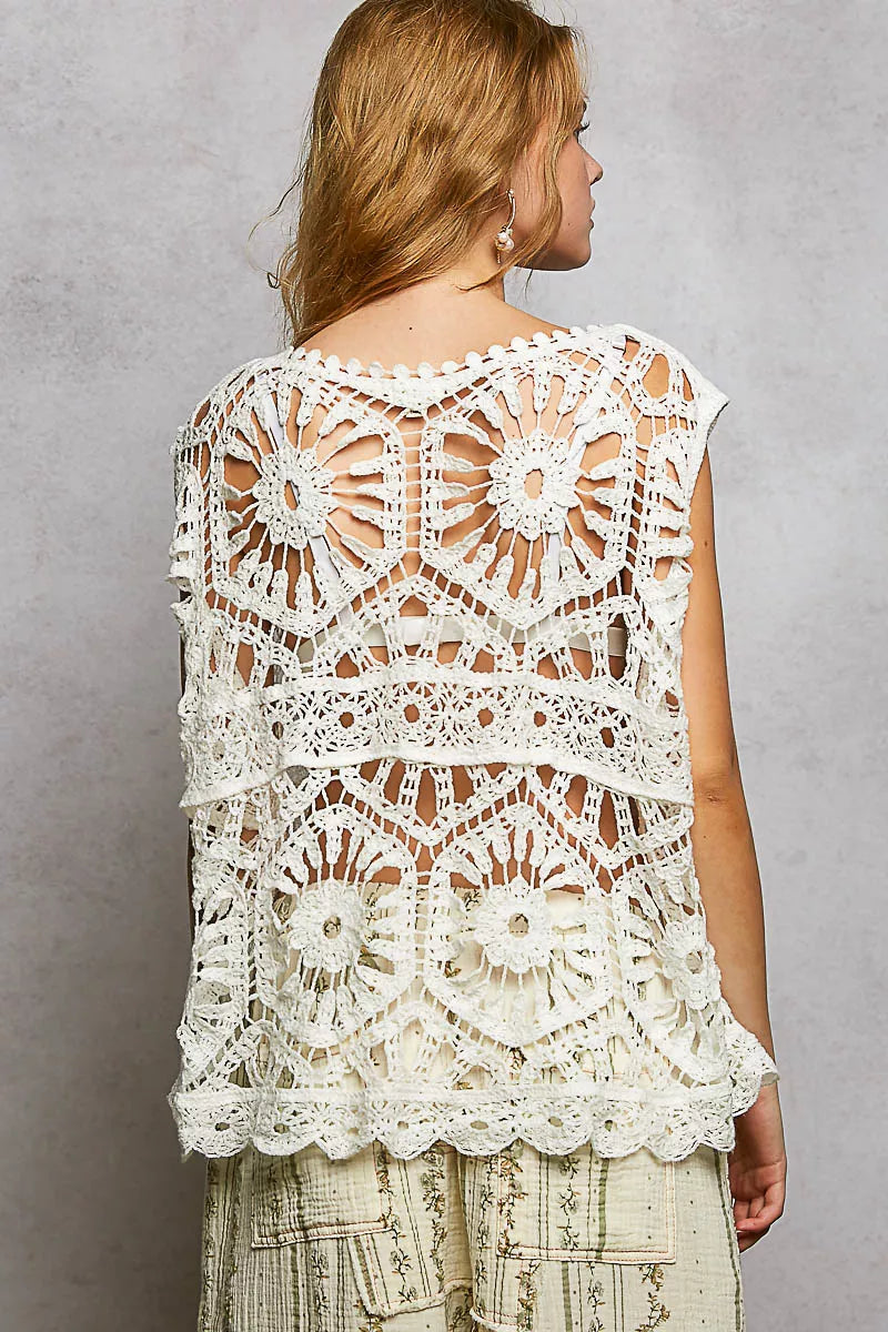 POL Openwork Round Neck Floral Crochet Tank