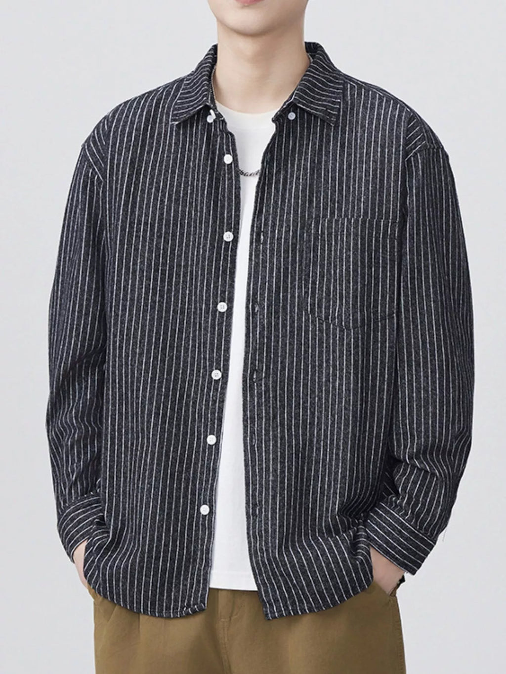 Men's Plus Size Striped Button Up Long Sleeve Shirt