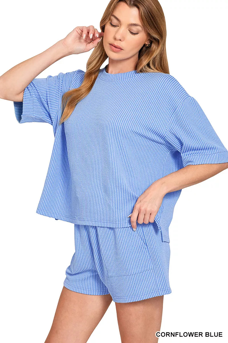 Zenana Raised Rib Short Sleeve Tee and Drawstring Shorts Set