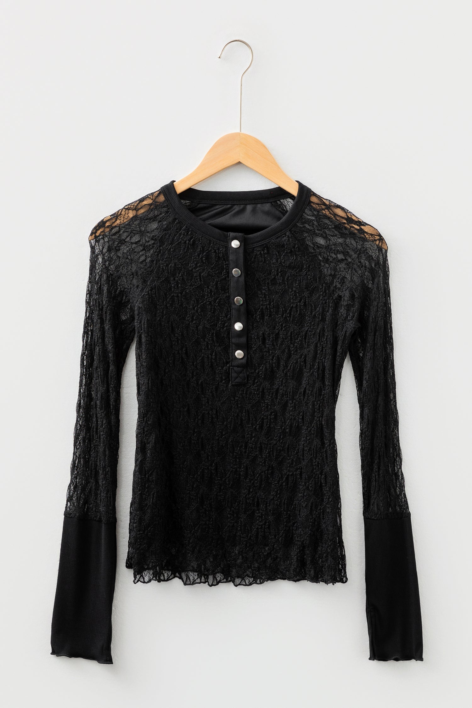 Lace Sheer Long Sleeve Henley Top