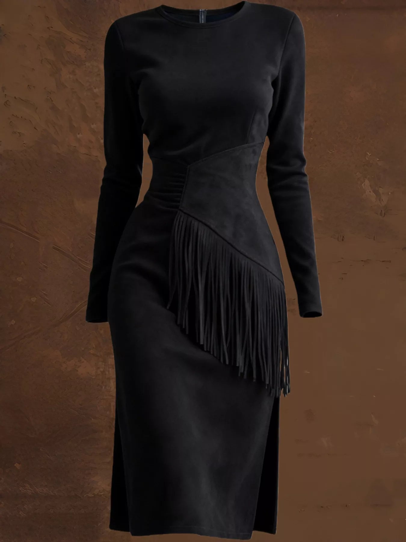 Suede Fringe Long Sleeve Midi Dress
