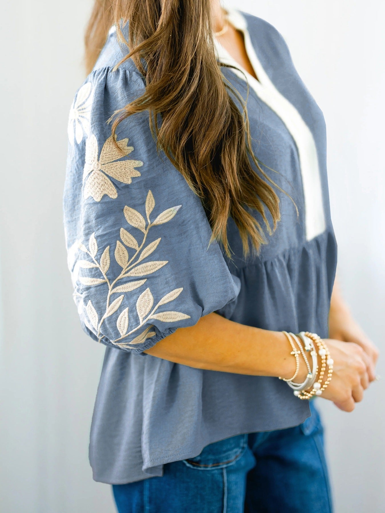 Embroidered Sleeve Peplum Blouse