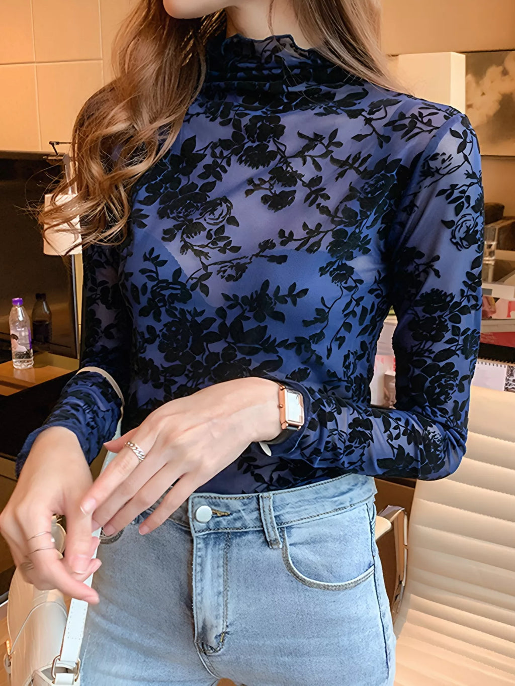 Floral Turtleneck Long Sleeve Top