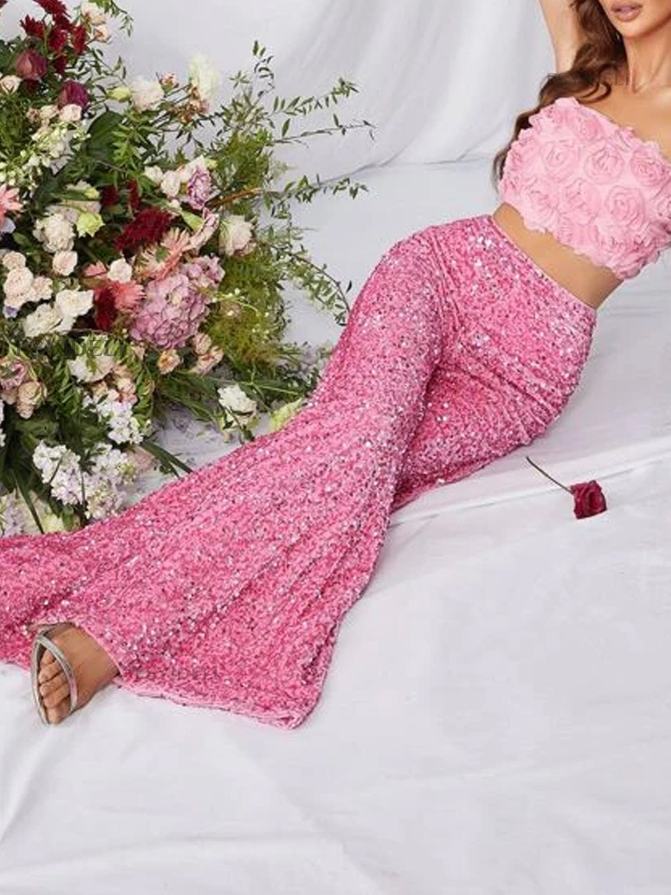 Sequin Embellished Wide Leg Pants