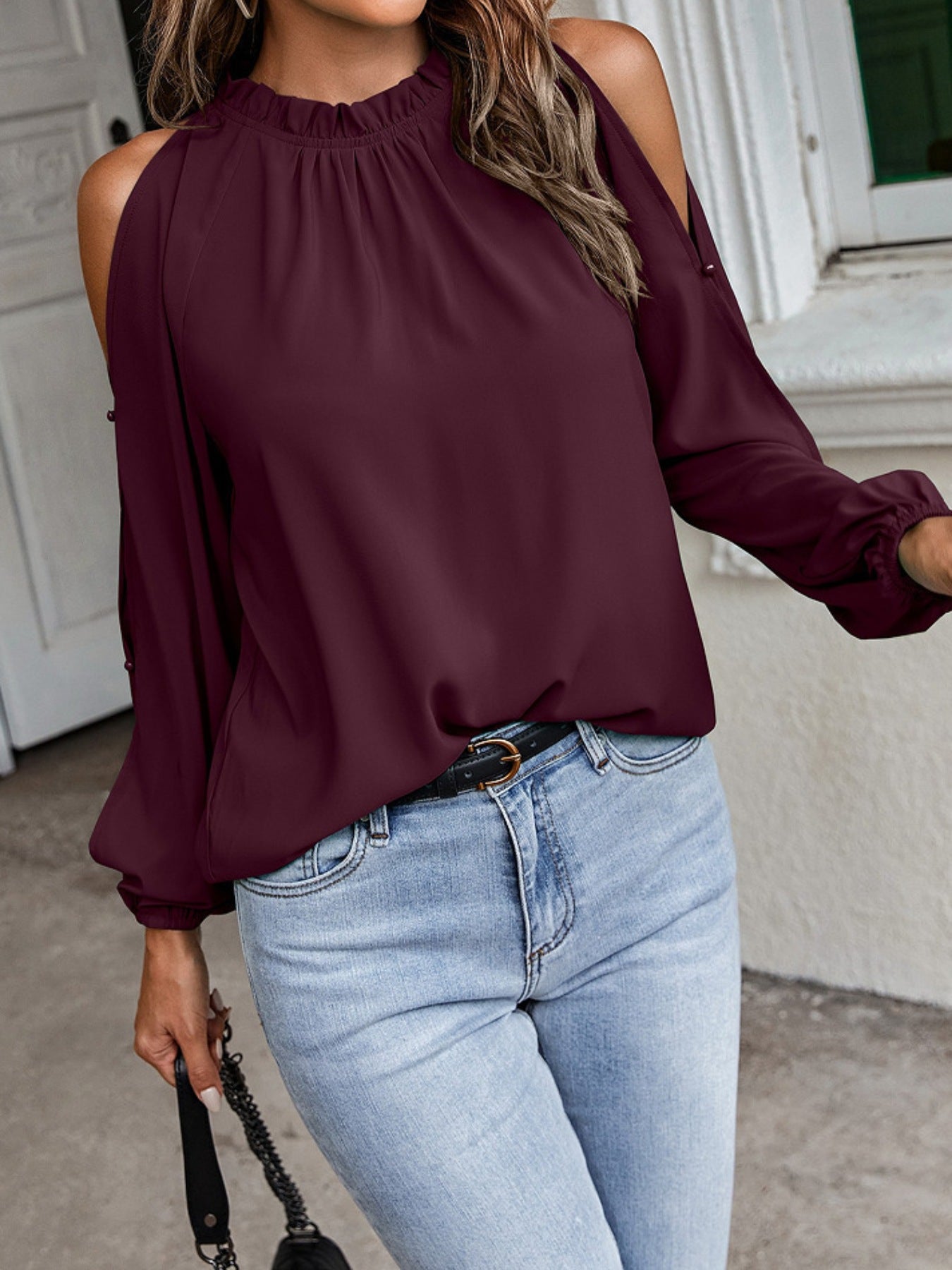 Cold Shoulder Frill Neck Blouse