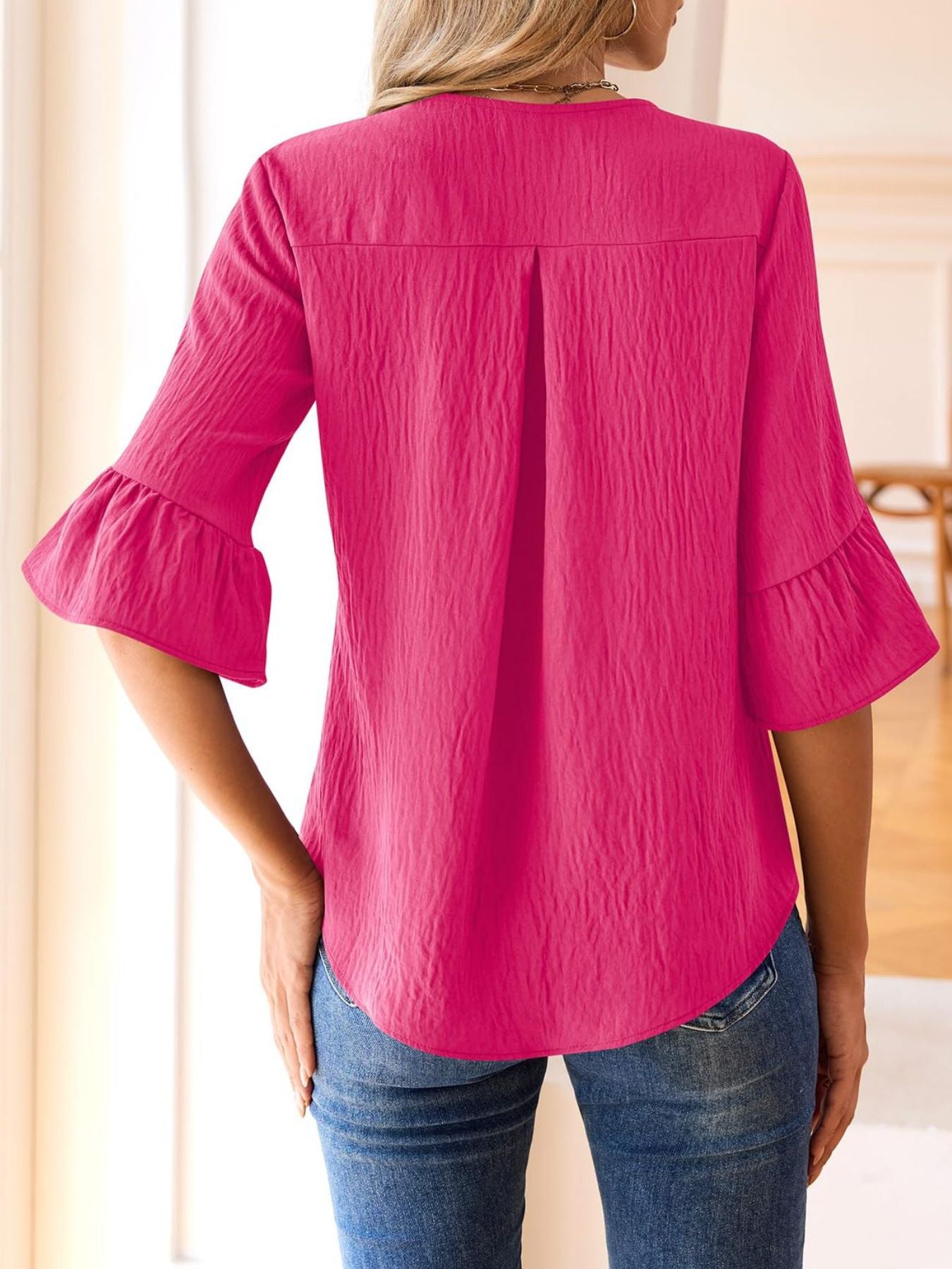 Ruffle V-Neck Flounce Sleeve Blouse