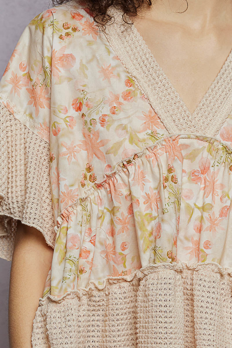 POL Floral Print V-Neck Woven Blouse with Gentle Gathers