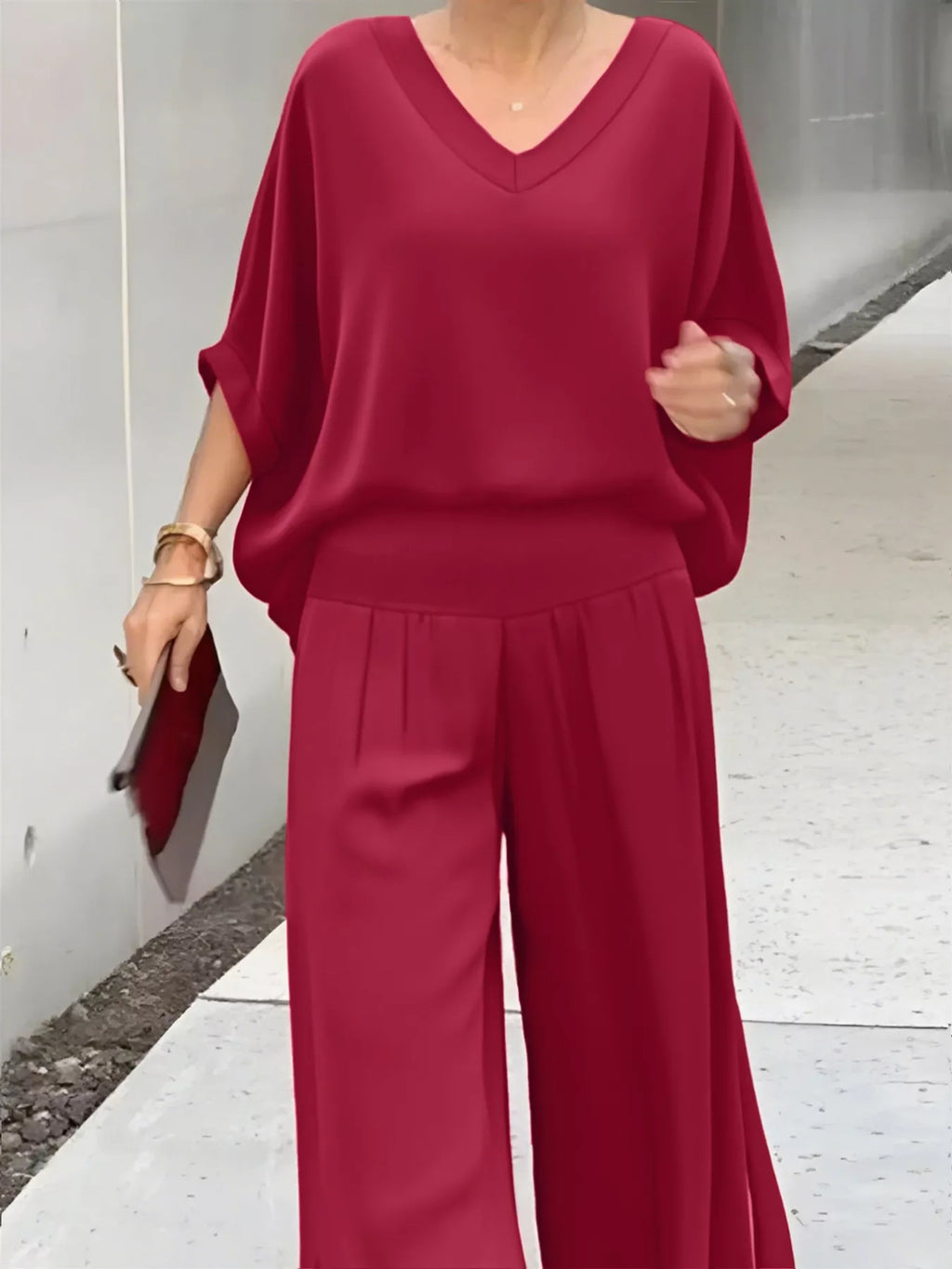 V-Neck Top and Wide Leg Pants Two-Piece Set